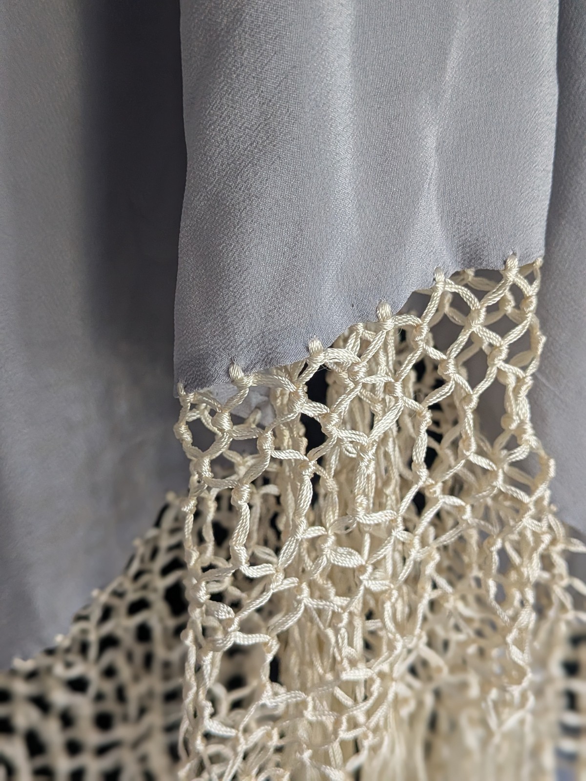 Vintage Hand-Embroidered Spanish Silk Wrap/Piano Shawl-Dove Gray and Cream