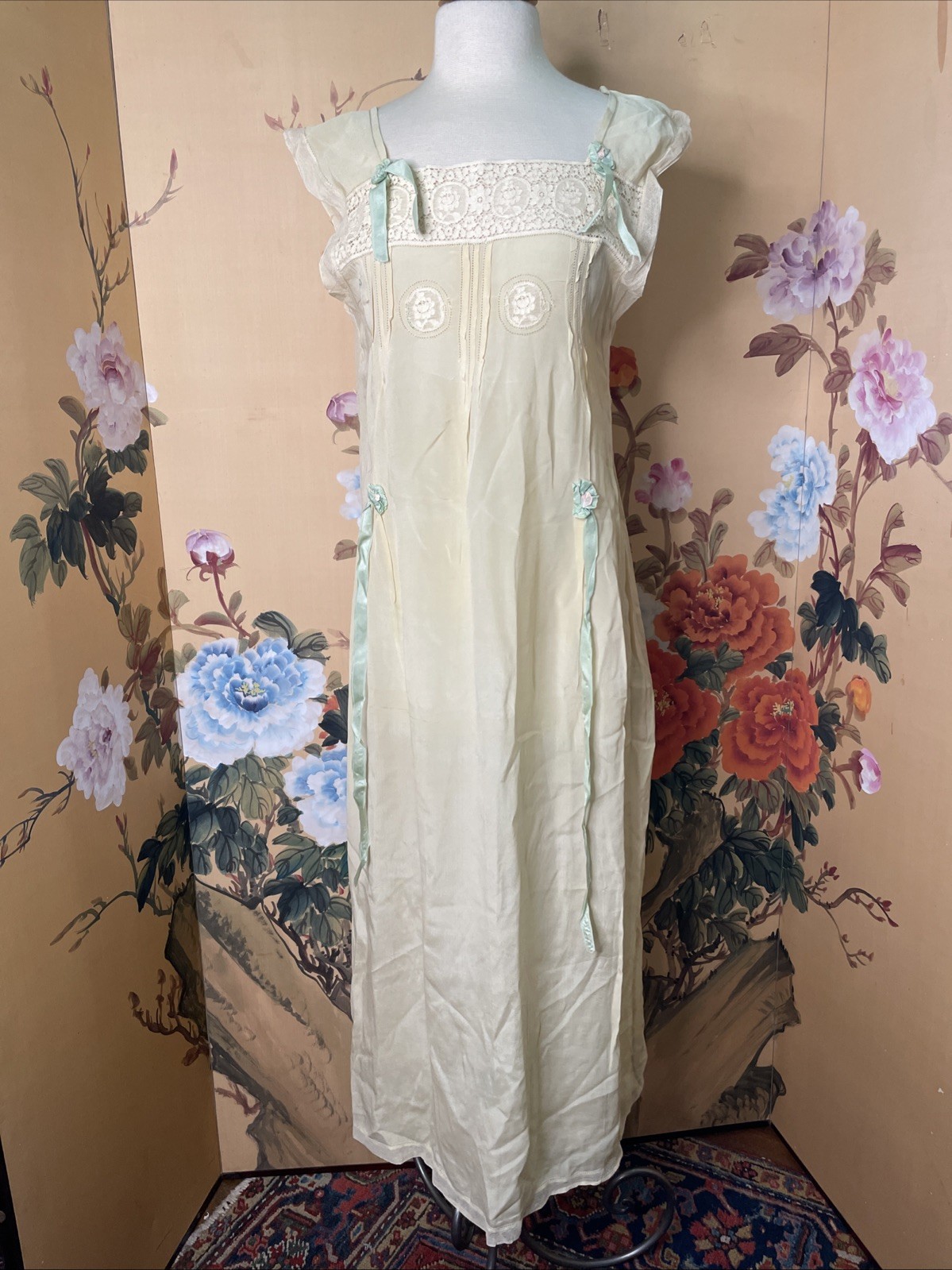 Antique Edwardian 1910s Nightgown Silk Lace Trim Maxi Lingerie Shift Dress 1900s