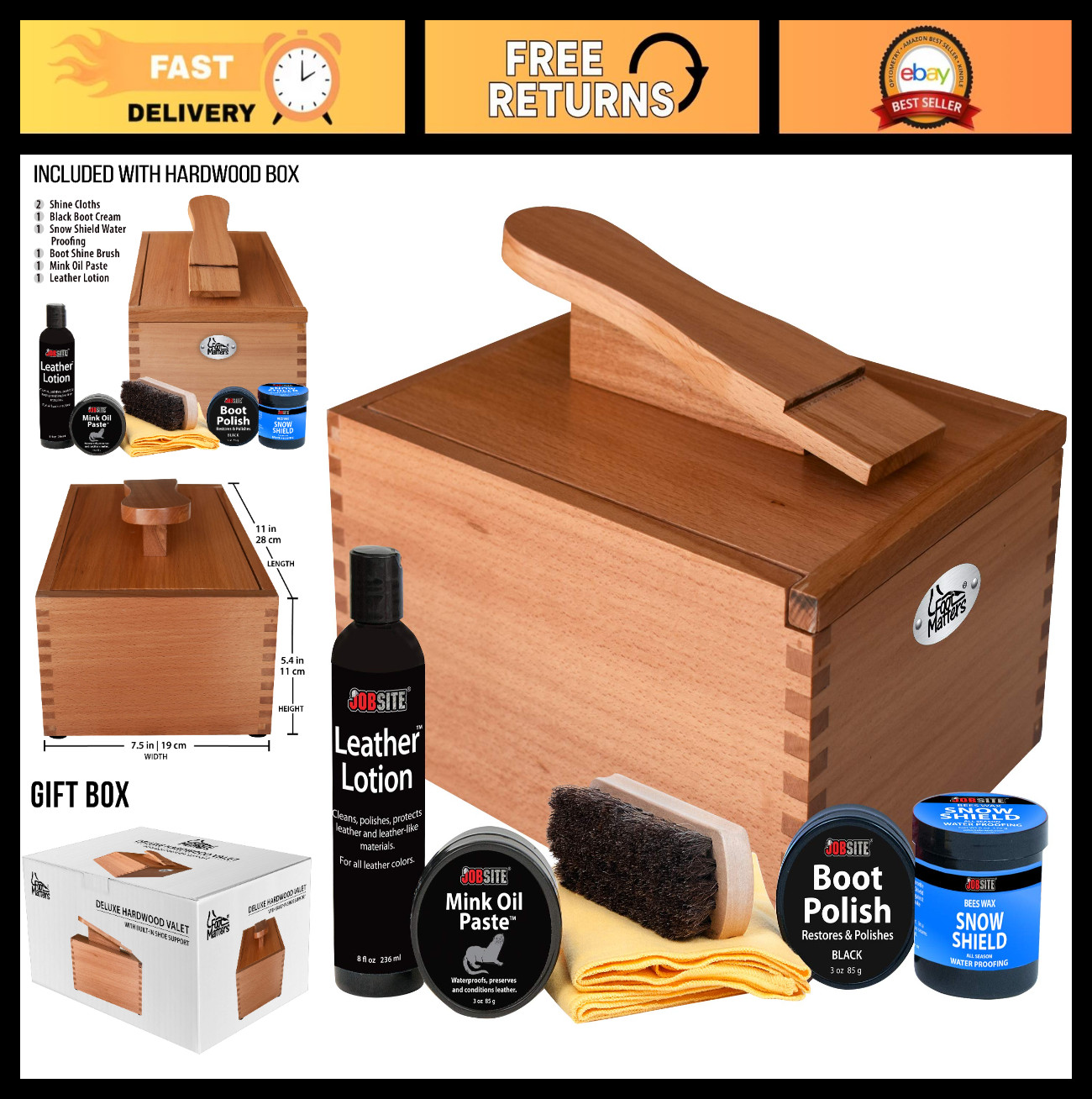 Shoe Shine Valet Box – Hardwood Boot & Shoe Care Kit, Polishing & Storage Soluti