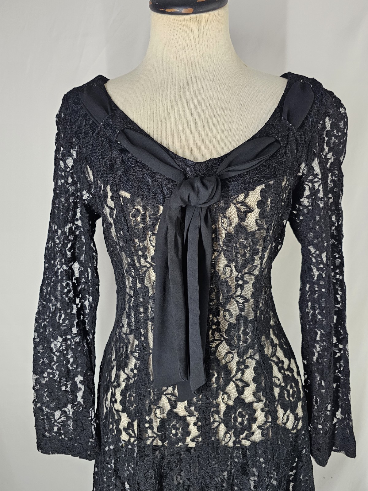 Vintage Karin Stevens Black Lace Dress Nude Illusion Bow Long Sleeve Midi