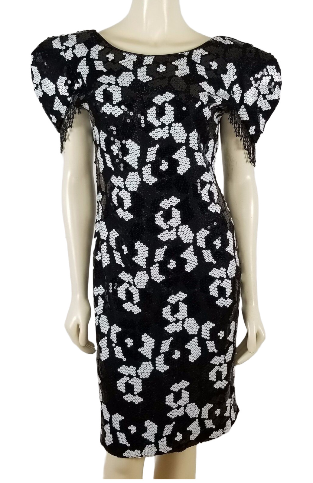 EVENING CHIC by LOLA BERENT black and white Vintage Sequin beaded dress sz 12