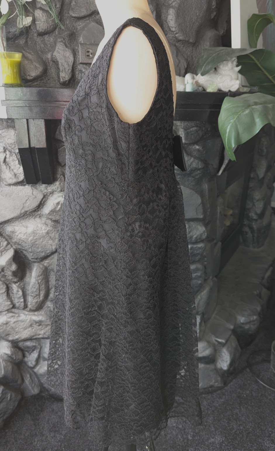 60s Vtg Black Lace Mini Dress Plunging Back Bow Train Cocktail Evening Cruise L
