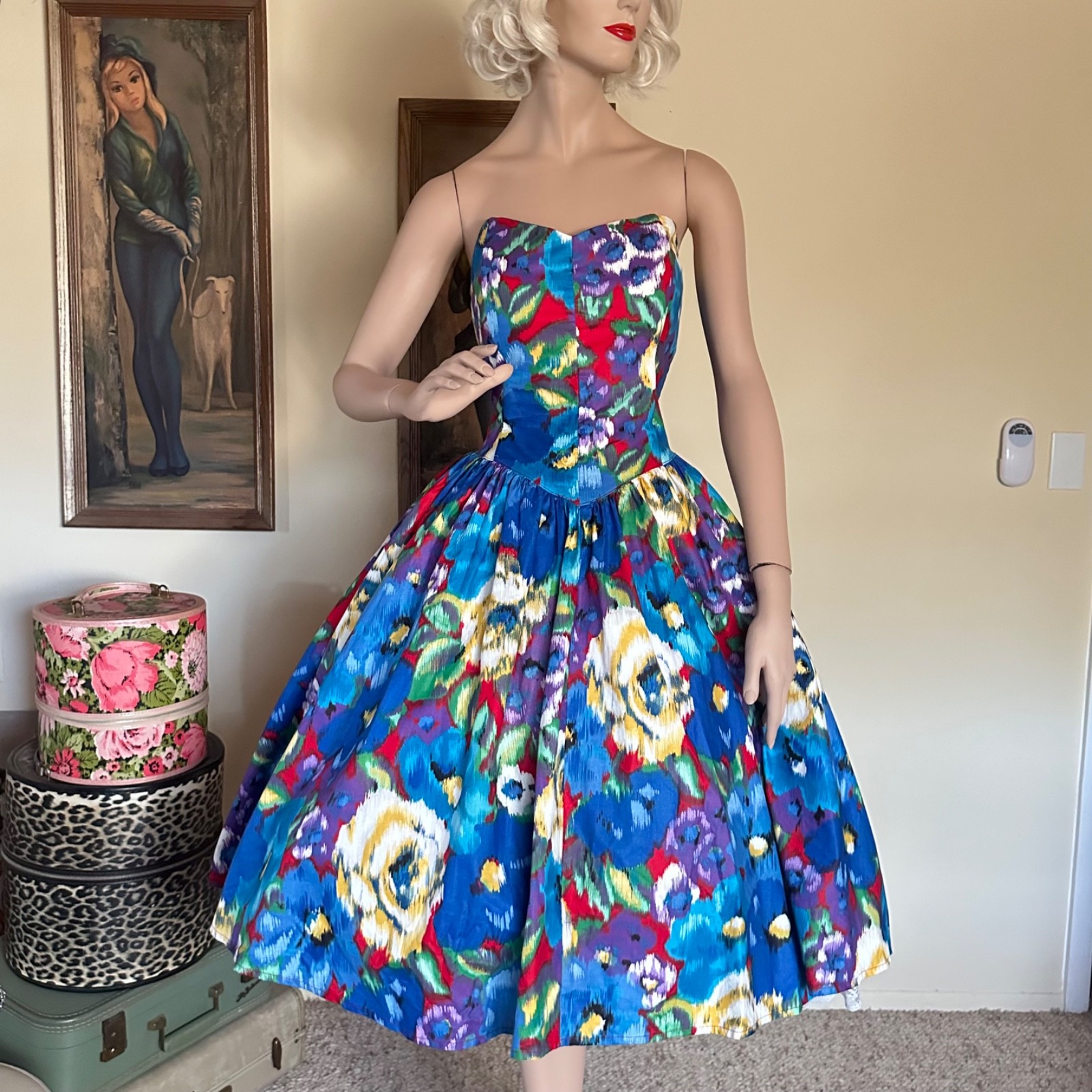 Vintage 1980s does 50s Bombshell Strapless Sweetheart Bust Circle Sun Dress M/L