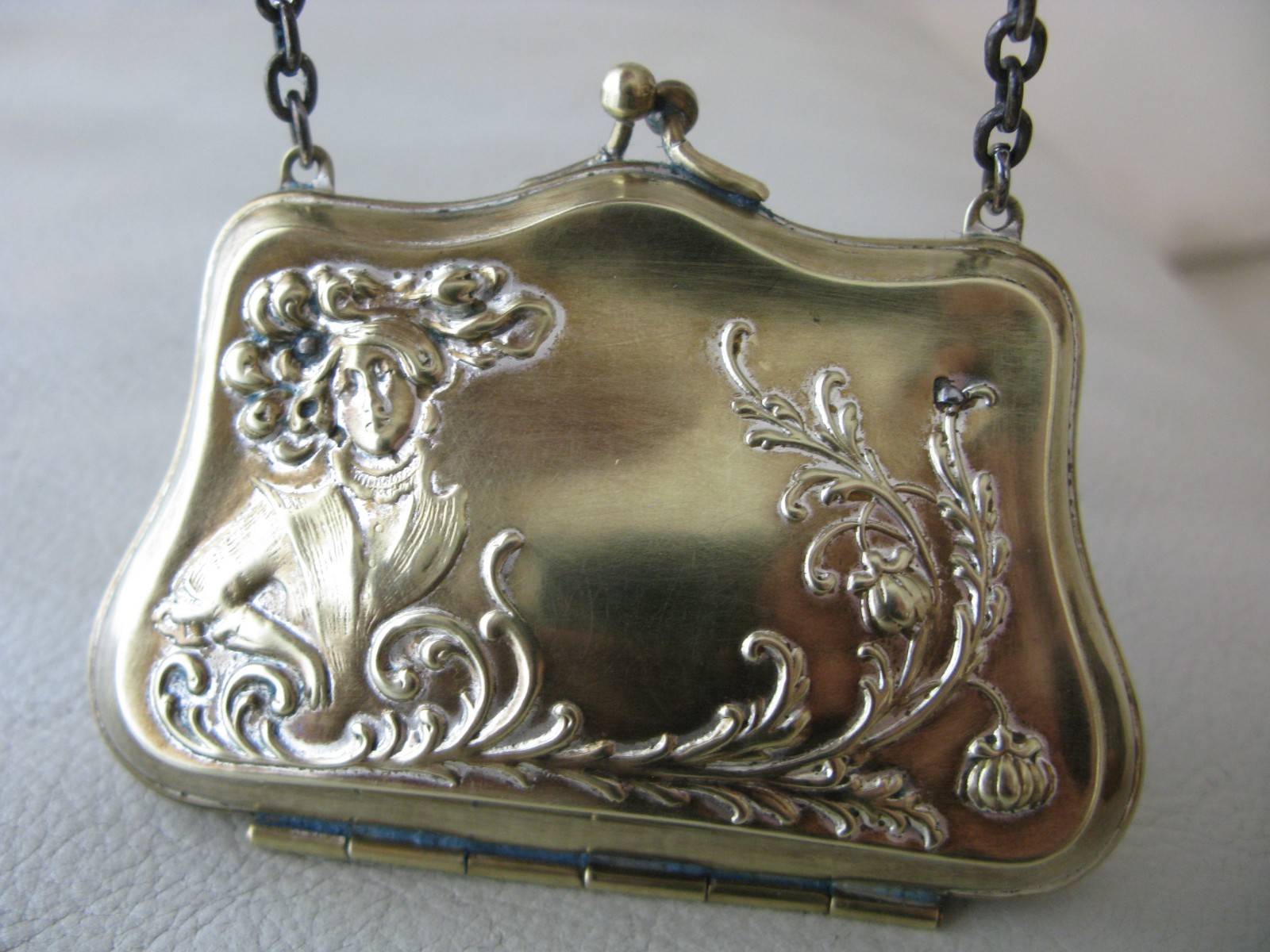 Antique Art Nouveau Woman Silver Metal Floral Lilly Blue Lining Card Case Purse
