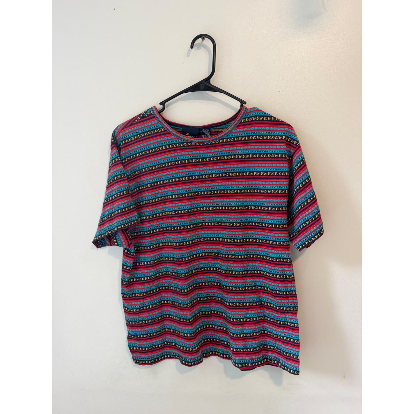 Lizsport Vintage Womens Striped Geometric T-Shirt Red Teal Multi Color Large