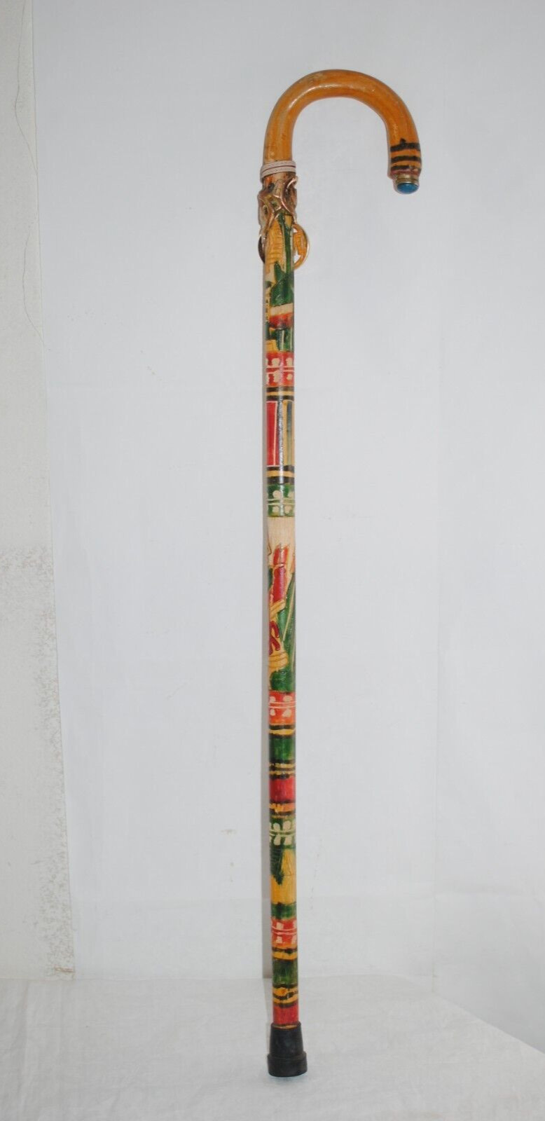 Vintage 37 in Hand Carved Wood Hook Handle Colorful with Michael Kors Charm Cane