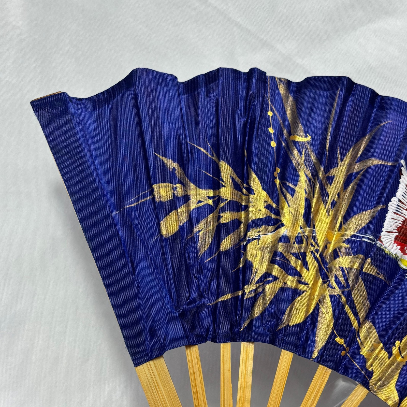 Blue Synthetic Folding Fan Hand Painted Gold Leaves & Bird Bamboo Thailand