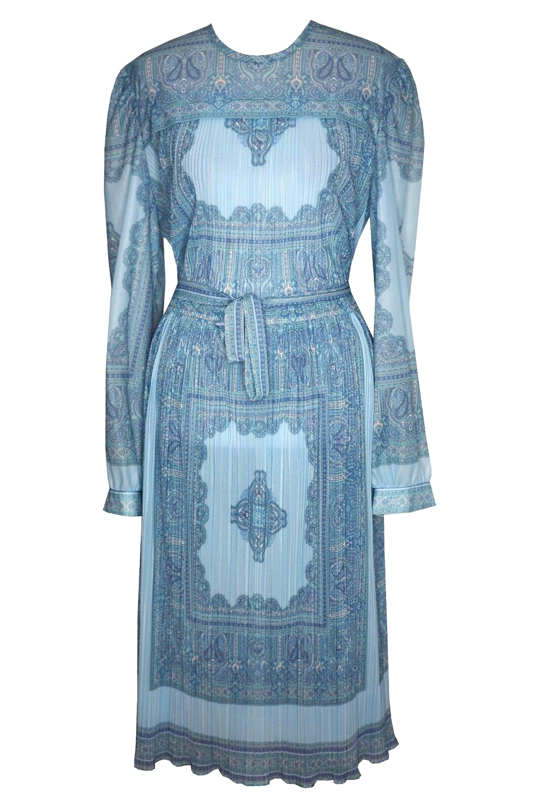 Vintage HAL FERMAN 8 10 Dress Blue Paisley Pleated Long Sleeve Tied Waist 70s