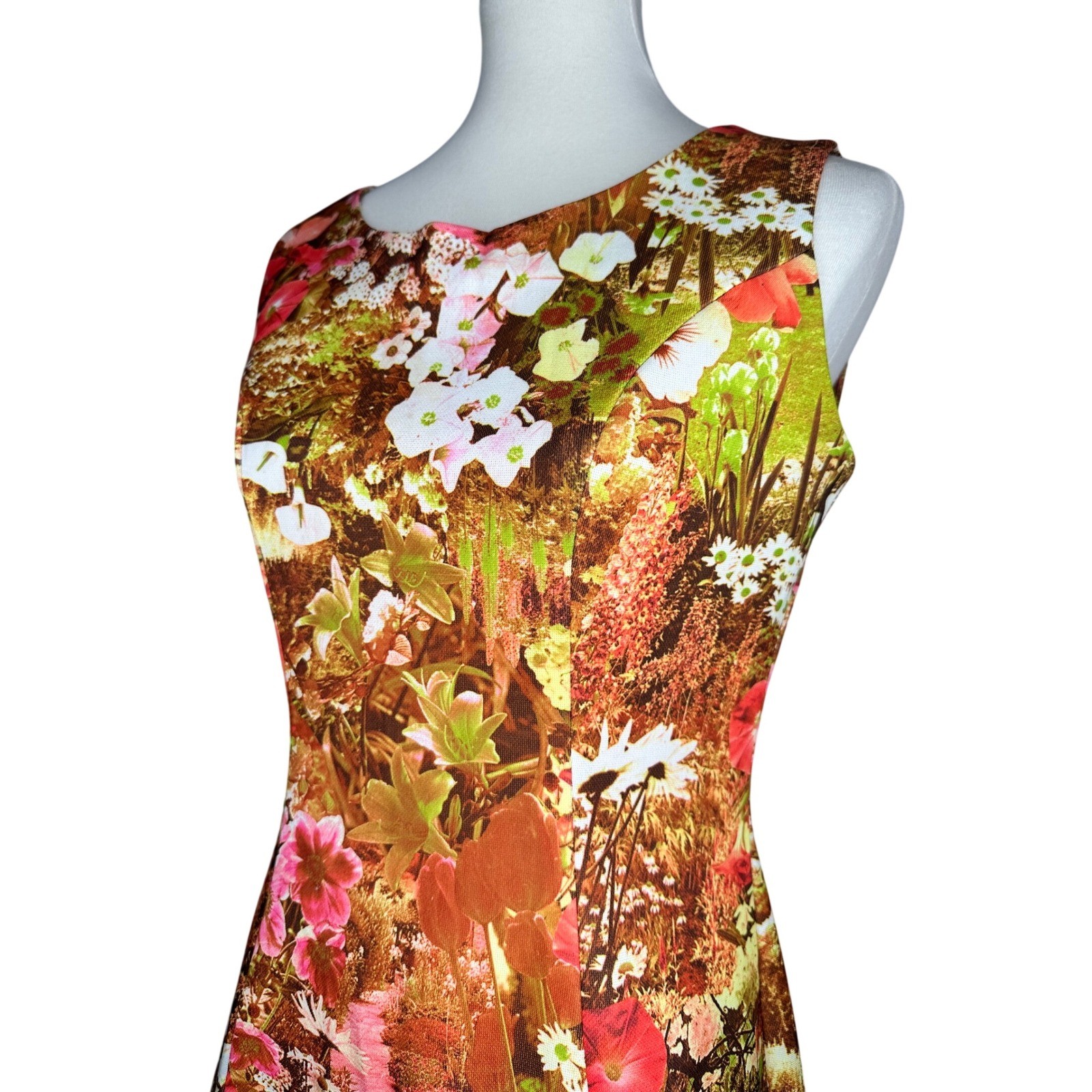 Vintage Garden Landscape Floral Print Sleeveless A-Line Dress Mod Groovy Talon