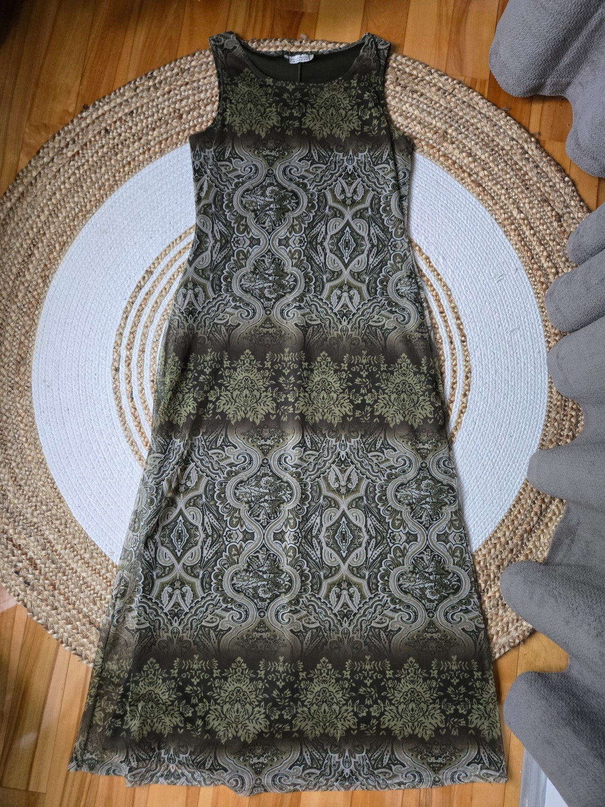 Vintage 90s Sleeveless Olive Green Printed Maxi Dress Mesh Whimsigoth Grunge
