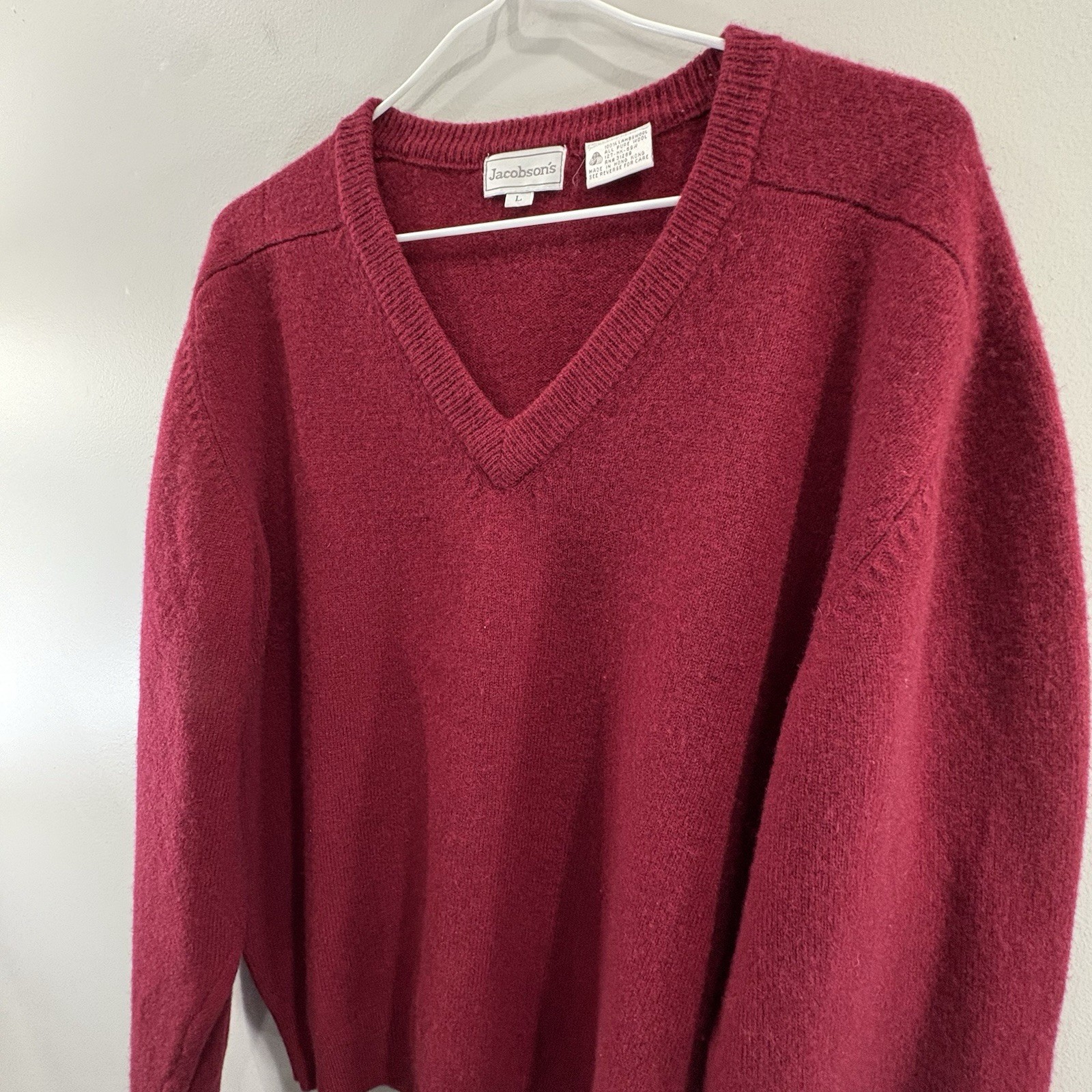 Vintage Jacobson’s 100% Lambswool L Sweater Knit Pullover V-Neck Dark Red Preppy