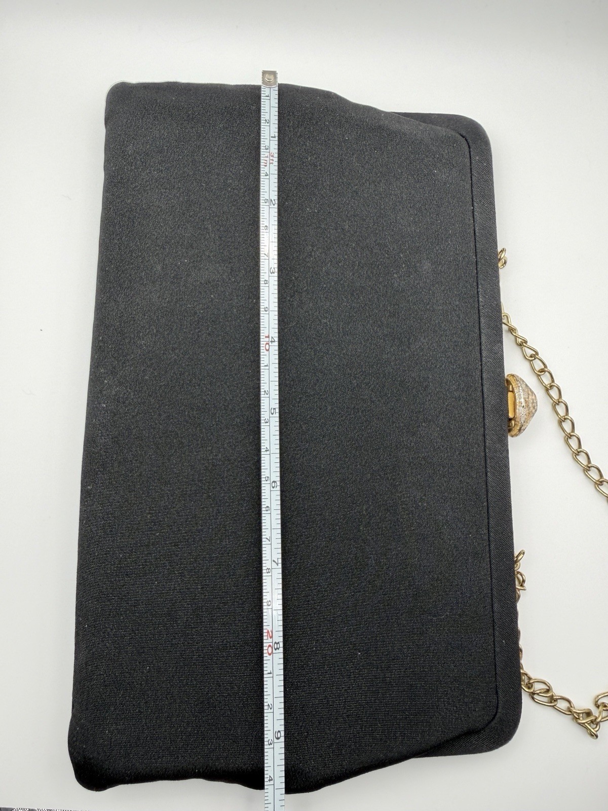 Vintage MCM Black Fabric Clutch Purse Evening Bag Gold Chain Owl Clasp Starburst