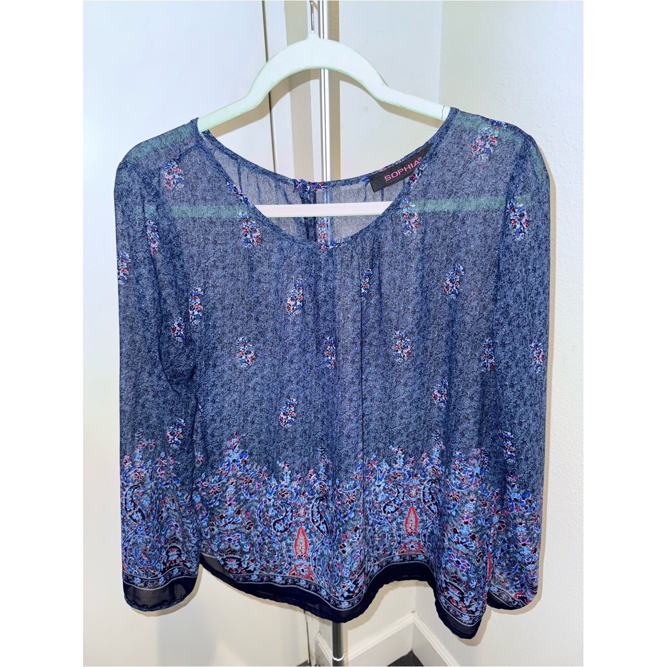 Navy Blue Floral Border Print Women’s Blouse Sheet Paisley Maximalist Retro