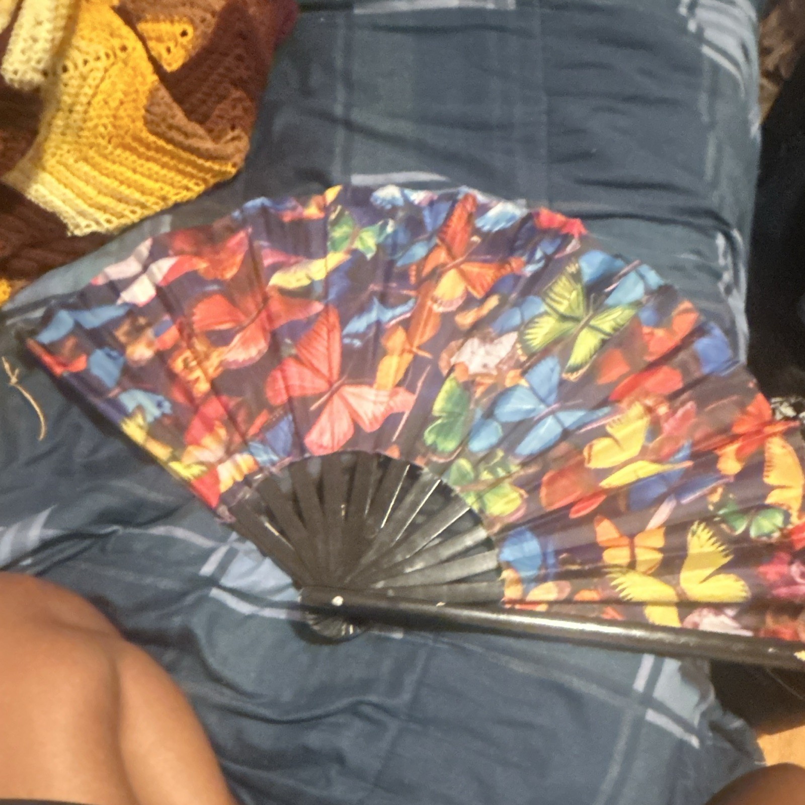 Handmade Boho Butterfly Print Folding Hand Fan, Multicolor Fabric, Black Ribs