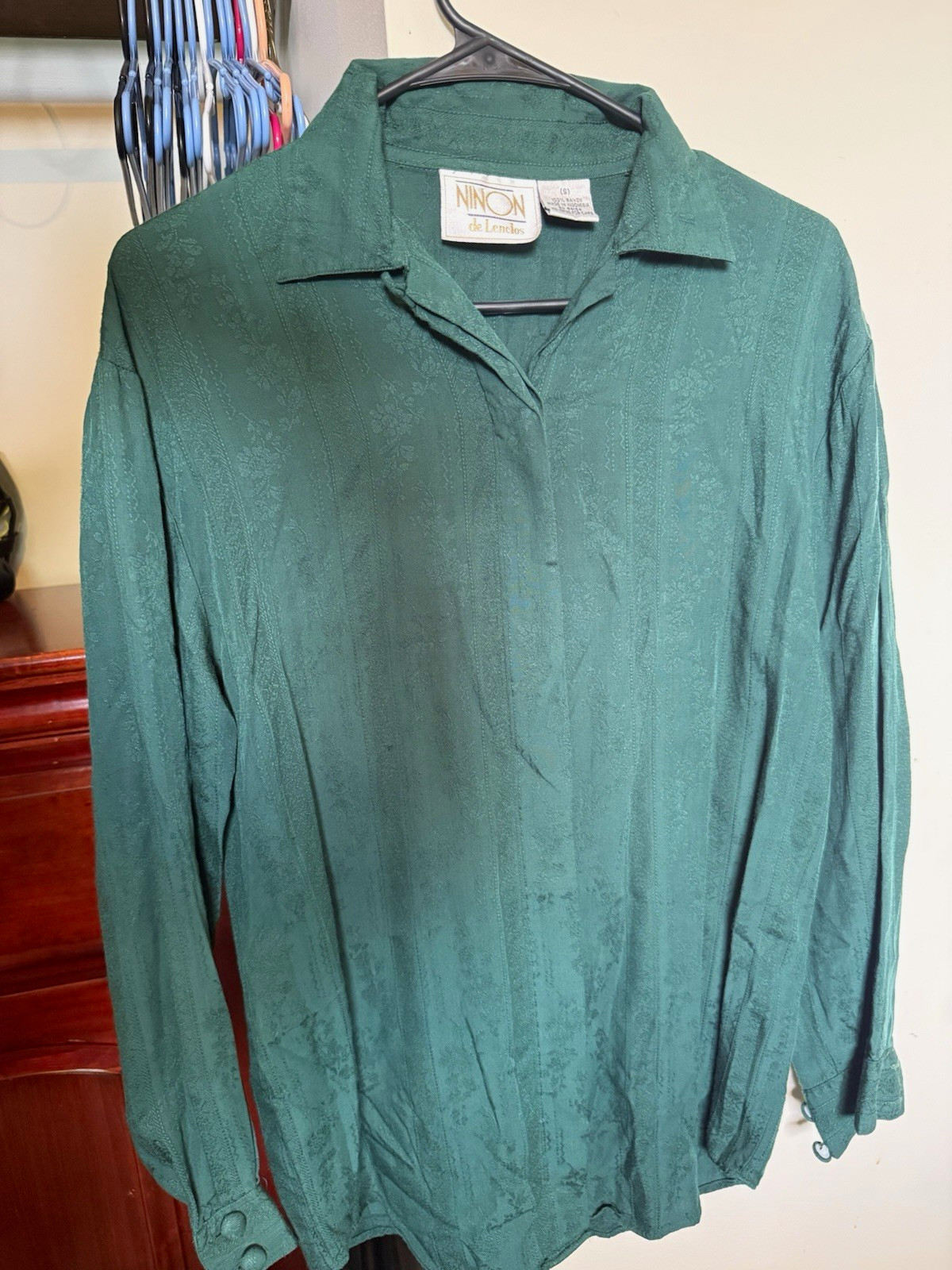 Vintage 80s Ninon de Longchamps Jacquard Blouse Emerald Green Rayon Small