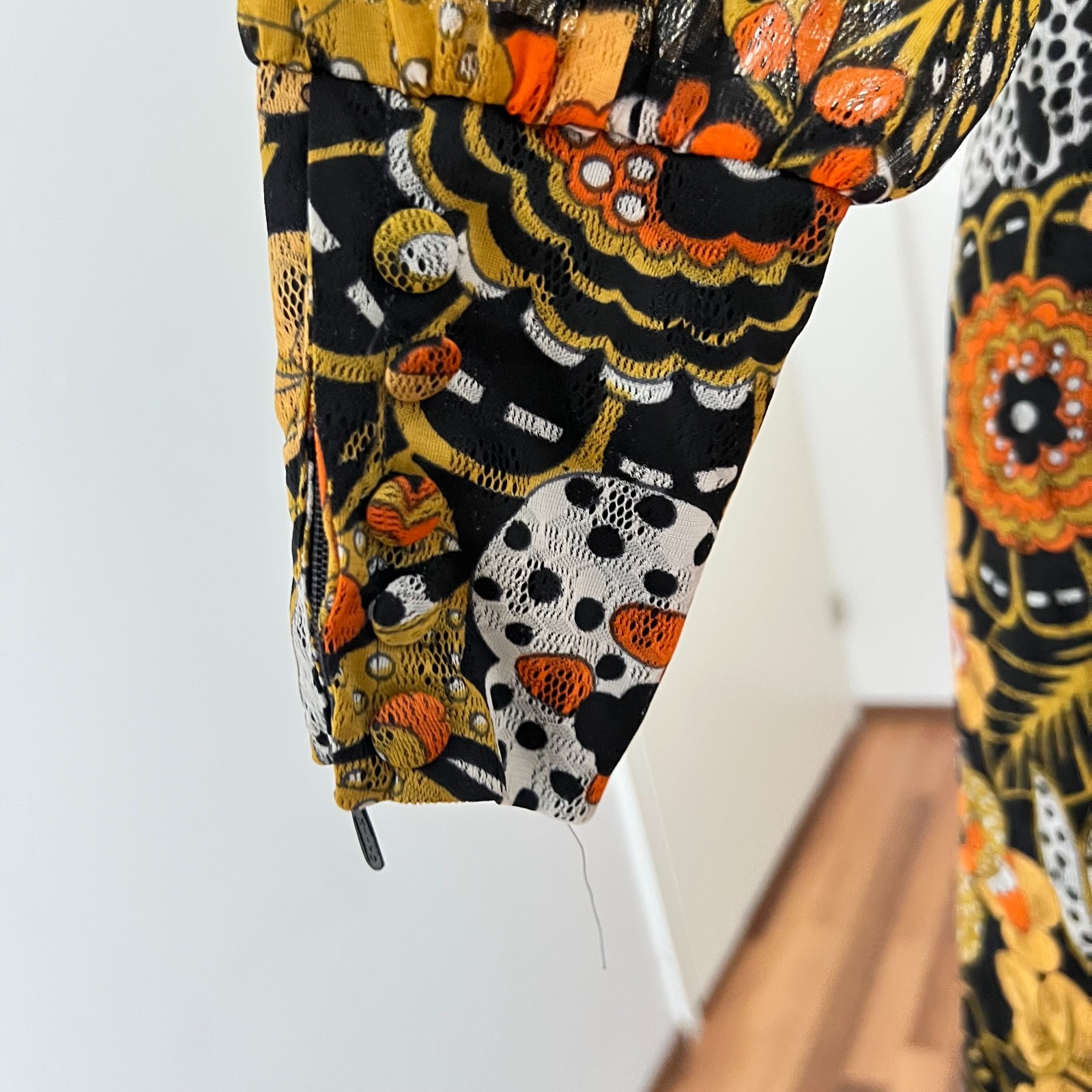 1970s Psychedelic Floral Midi Dress Long Sleeves Boho Hippie Ruffle Hem Aline