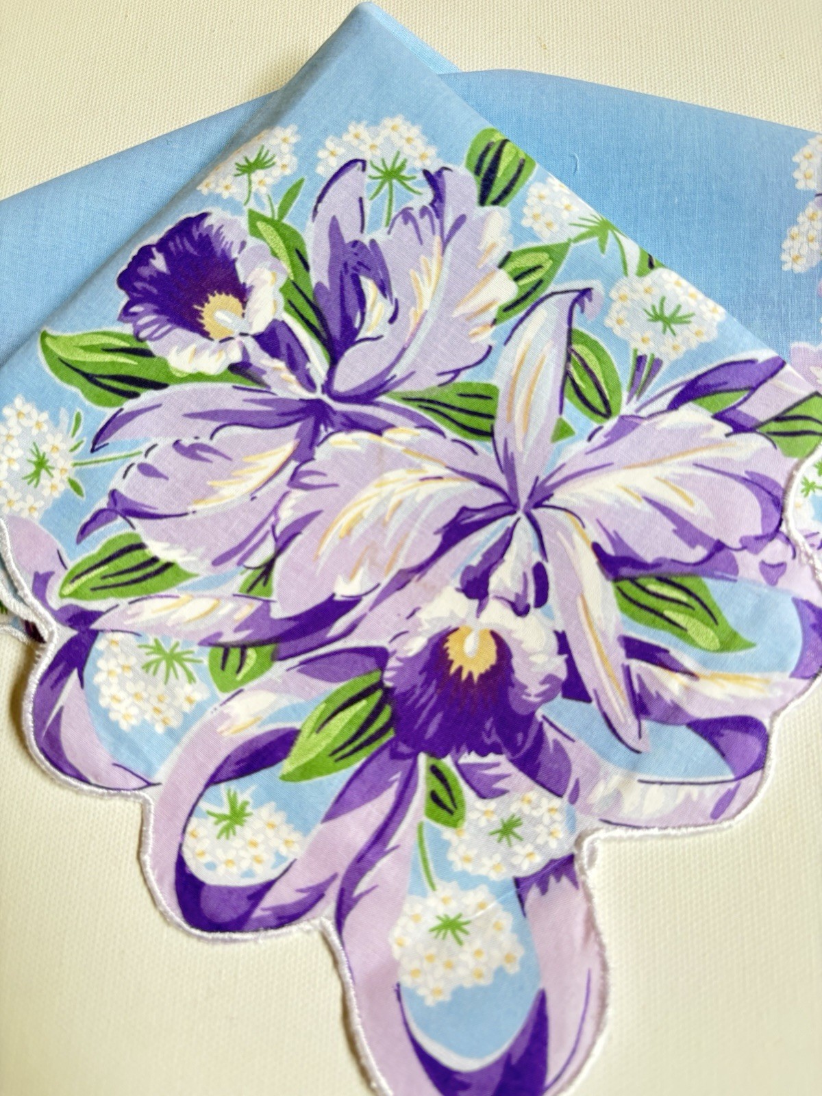 Stunning New LuRay Purple IRIS Handkerchief Hankie With Lovely Scalloped Border