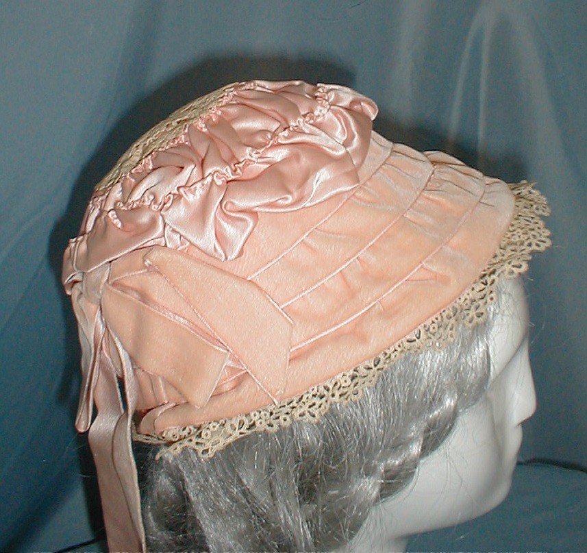 Enchanting Antique Hat Victorian 1880 Pink Satin & Velvet Lace and Floral Trims