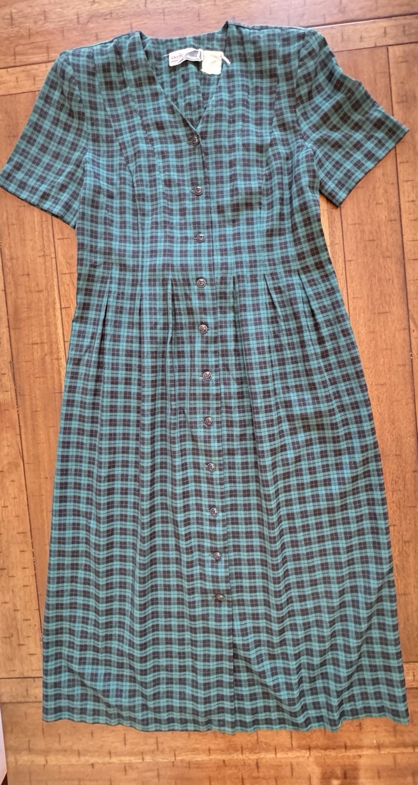 Sz L 10 Vintage Green Plaid Black watch Navy Check Button Dress Maxi Midi Tartan