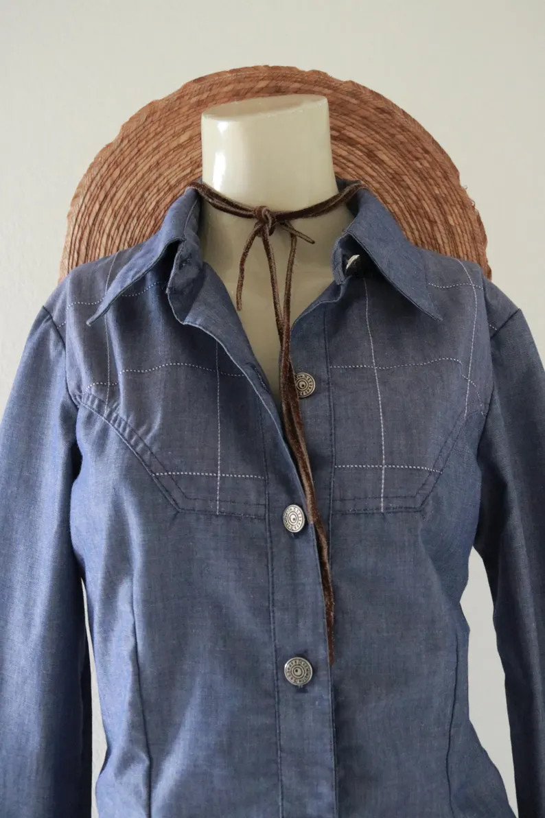 1970s Vintage Top Pants Set Womens Blue Grid Print Long Sleeve Bell Bottom Disco