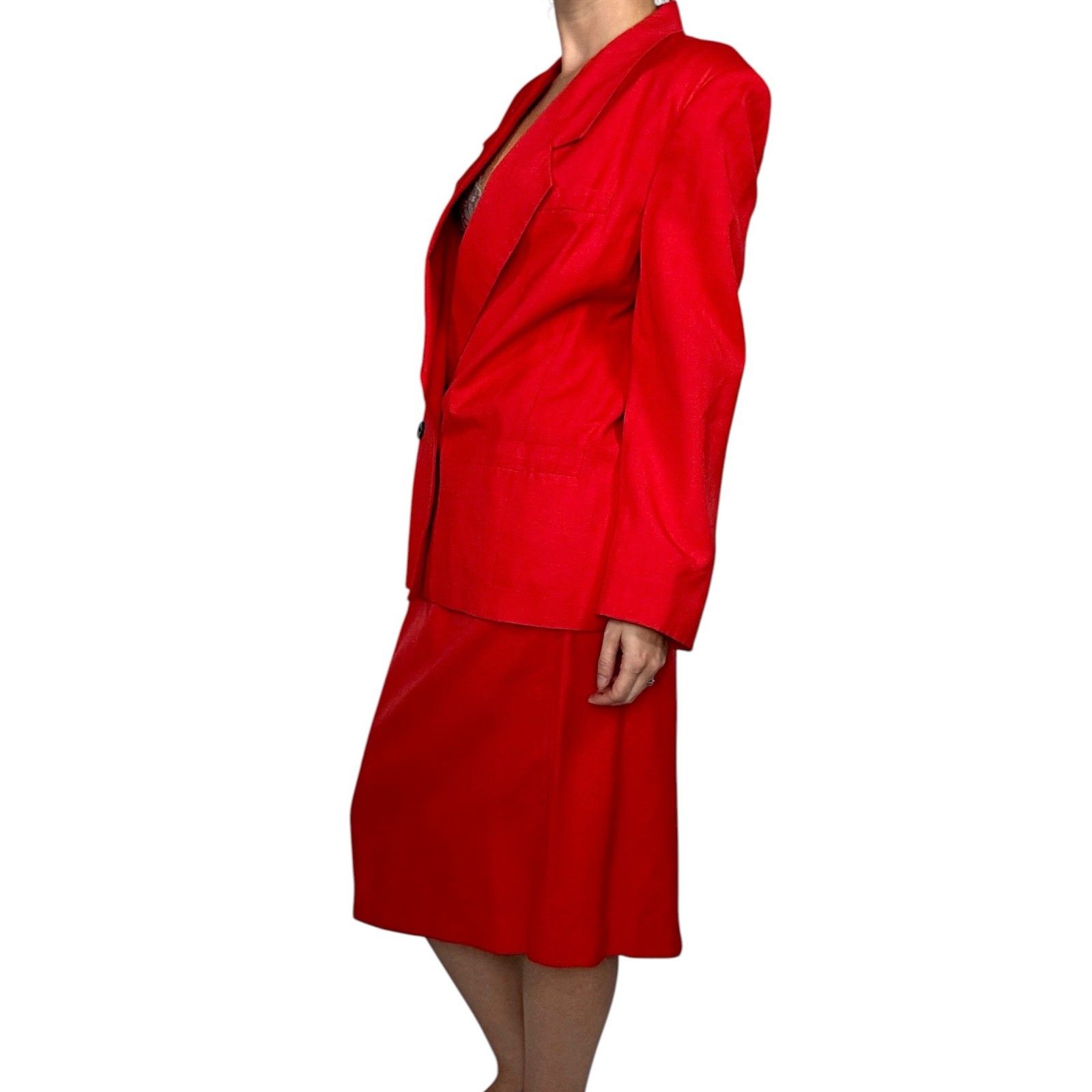 Vintage Christian Dior The Suit Red Rayon Skirt Suit Set 1990s Double Breasted