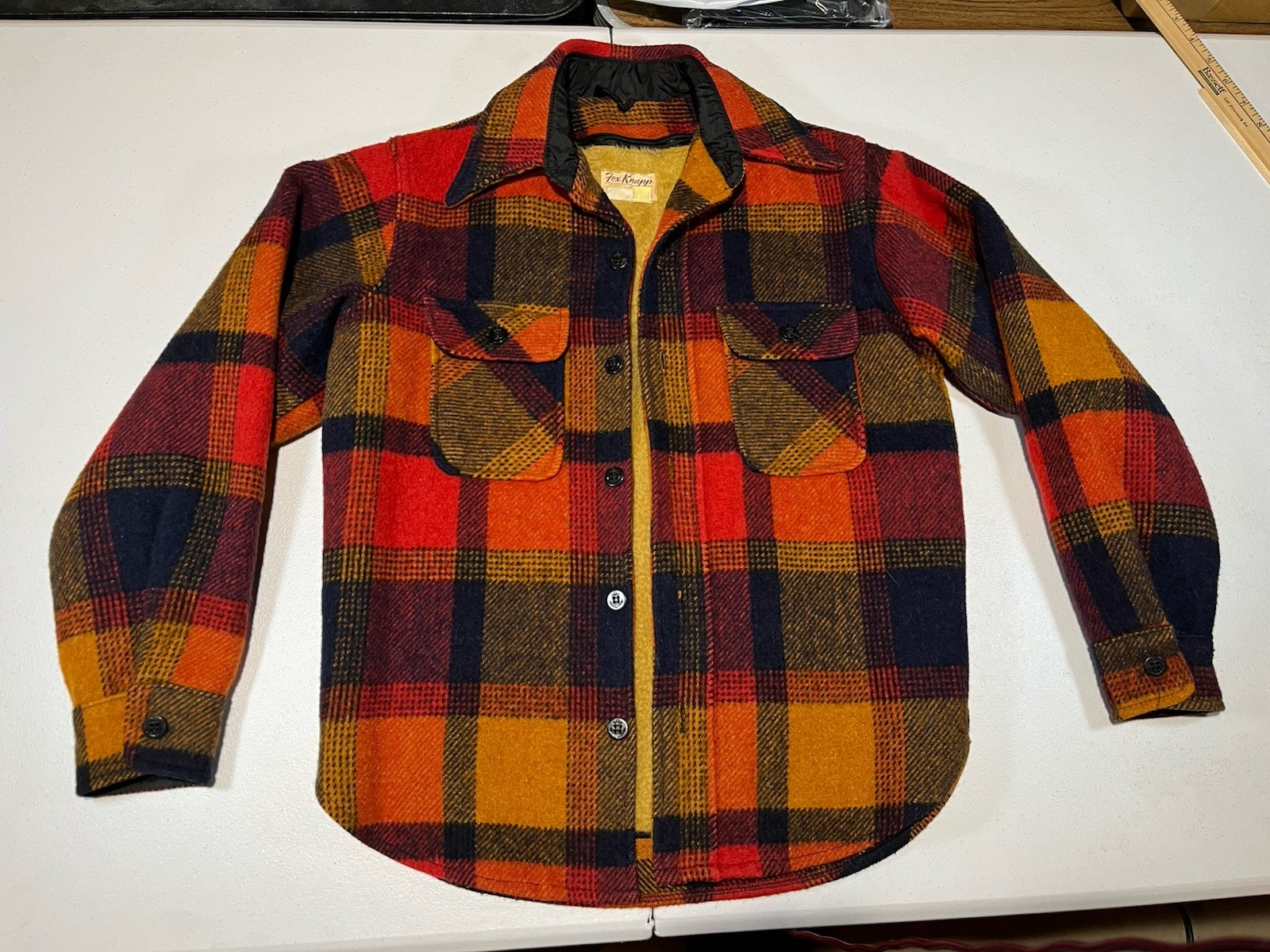 vtg 1970s Fox Knapp WOOL coat jacket SHERPA LINED orange plaid USA MADE women 16