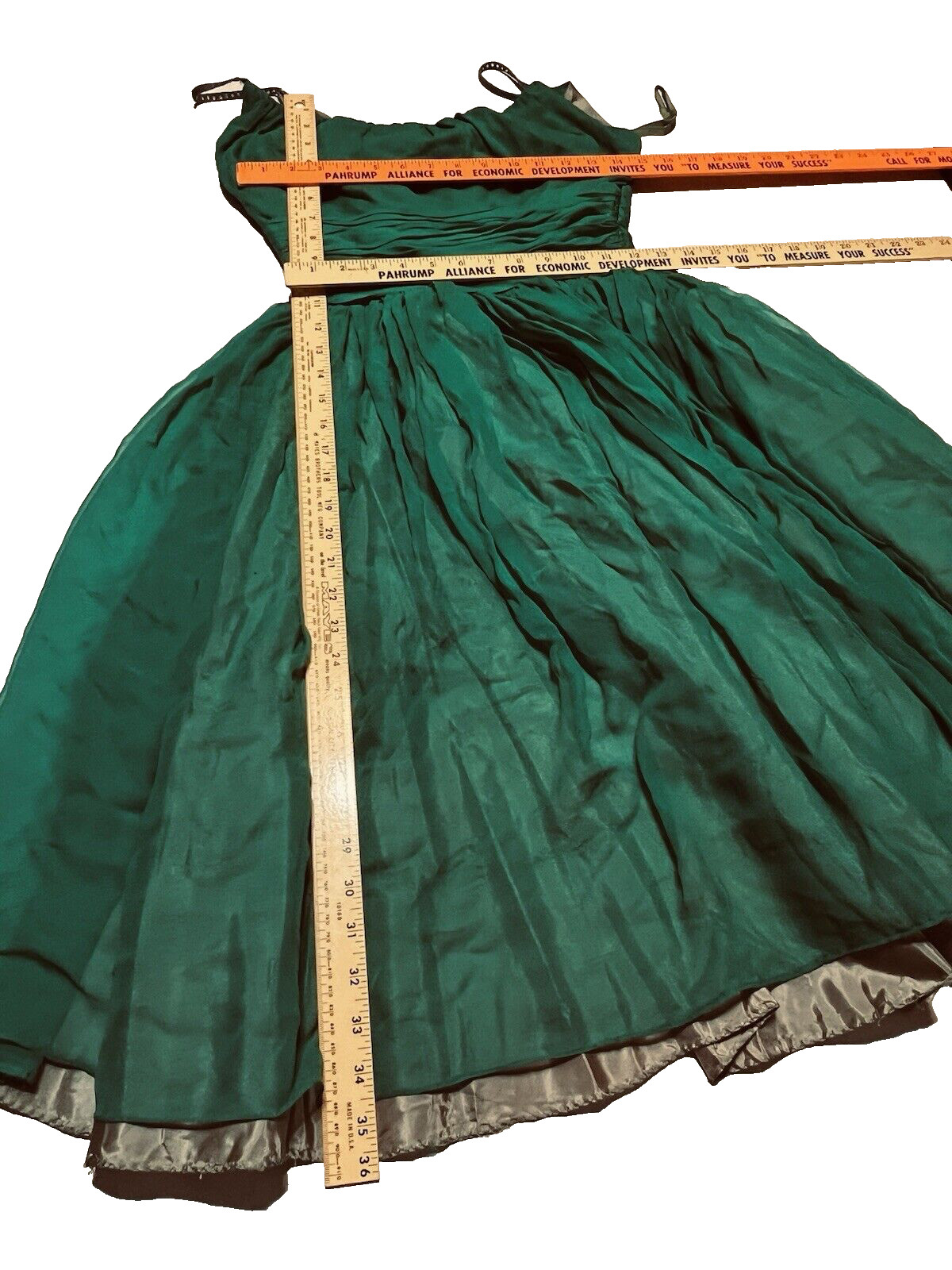 VTG 50s Emerald Green Cocktail Dress Bains Las Vegas Rhinestone Spaghetti Straps