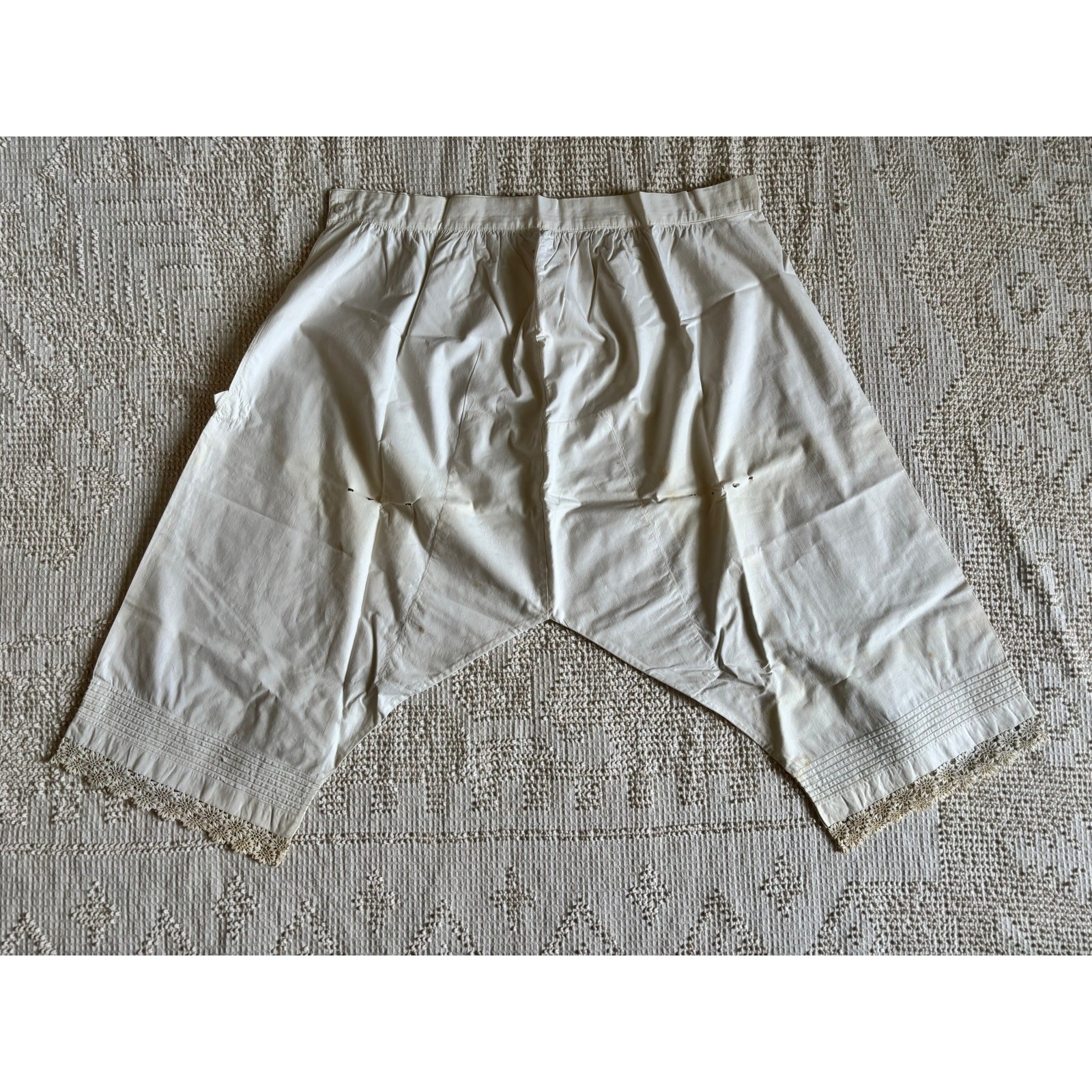 Antique 1910s Edwardian Pantaloons Closed Crotch Cotton Lace Wounded Bird