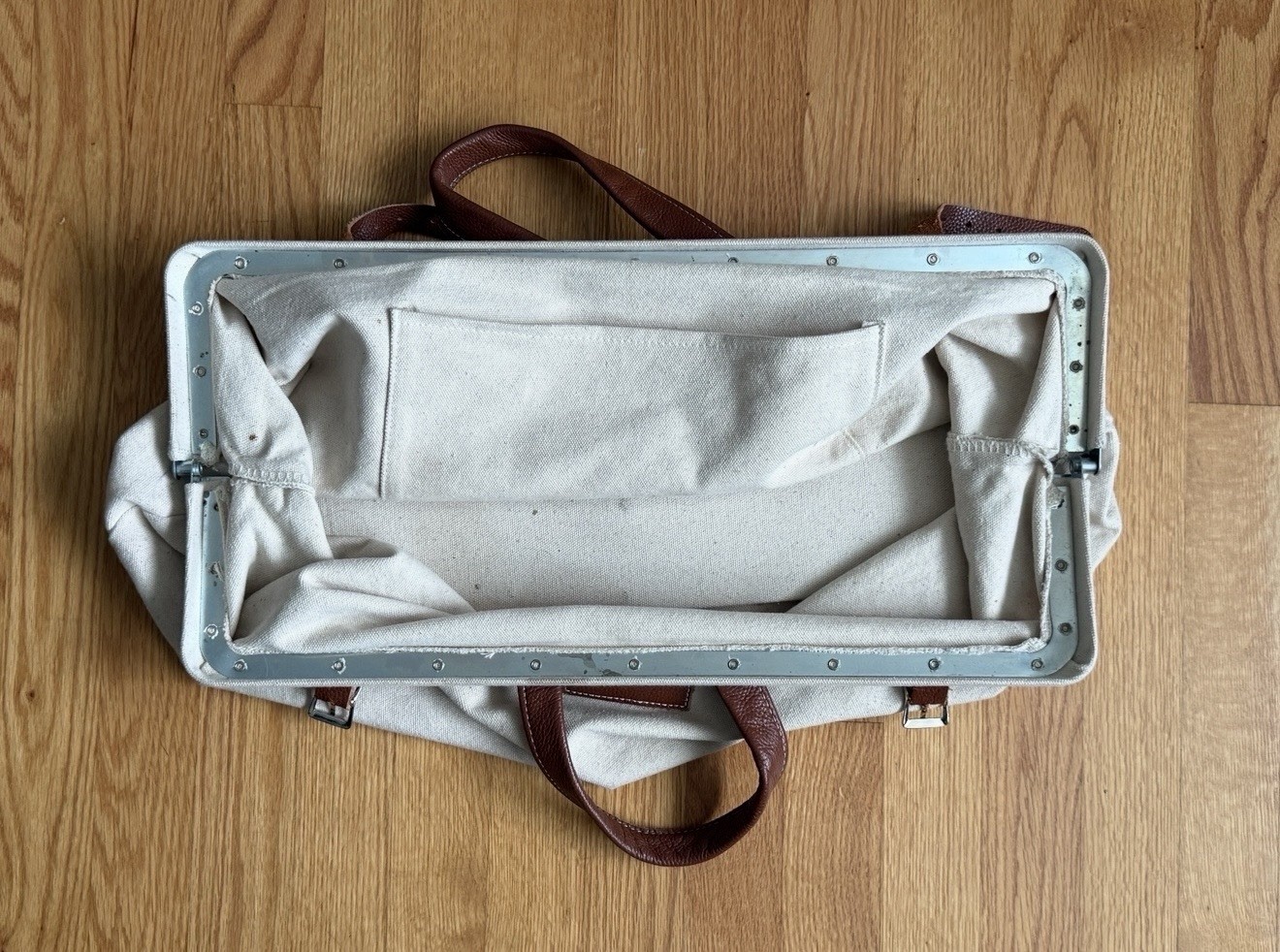 Canvas Leather Box Style Bag Beige Brown Large Handles Vintage Shoulder Tote