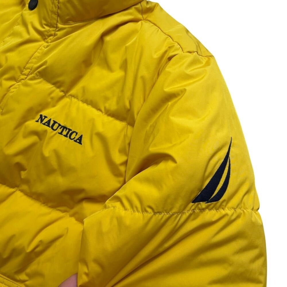 Nautica Sailing Puffer Jacket Vintage Reversible Blue Color Block Yellow 2XL 90s