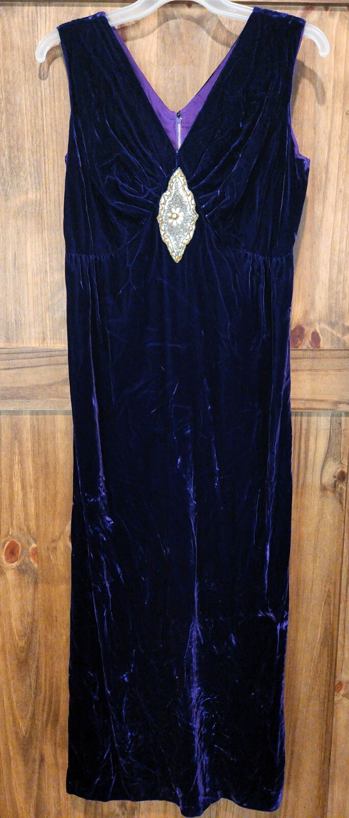 Vintage Purple Velvet Dress Womens Size 14 Faux Pearl Rhinestone Union Made