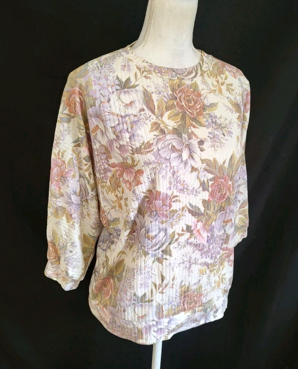 80’s Vintage Shirt Rib Knit Top Westbourne Floral Romantic Slouchy 3/4 Sleeve L