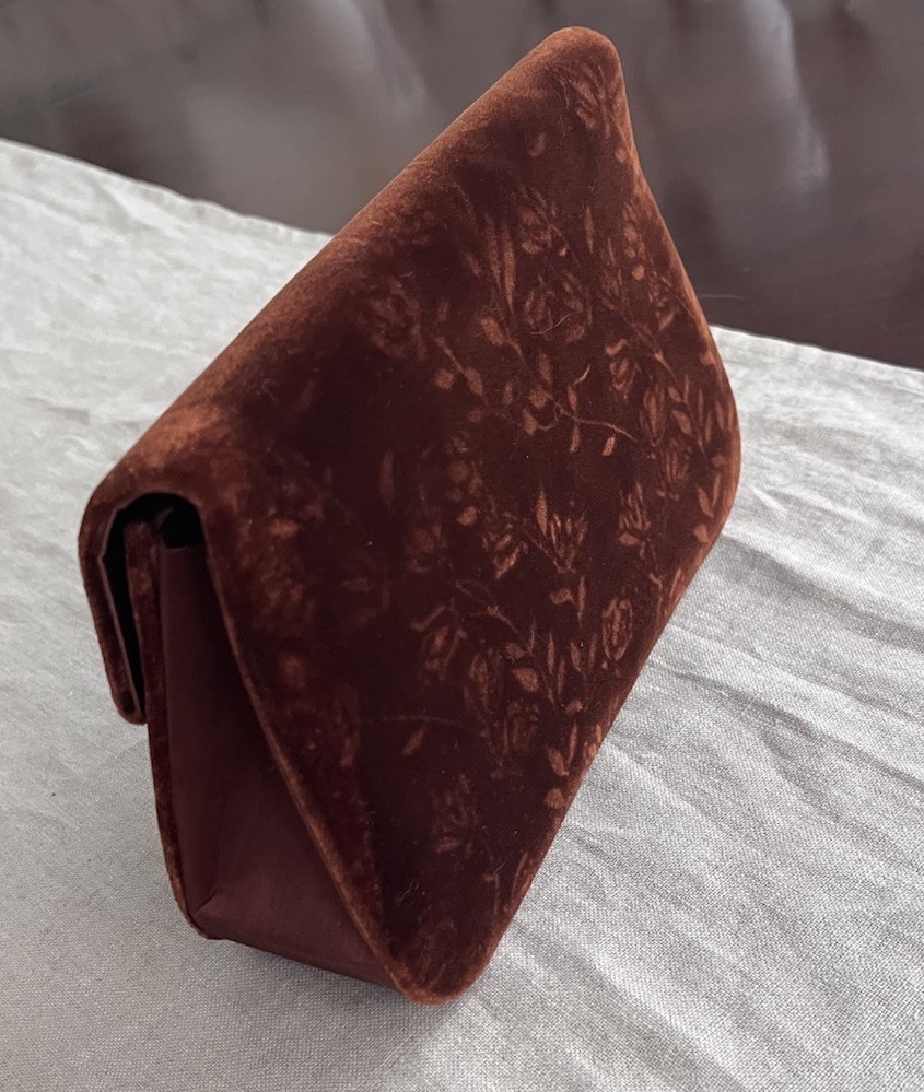 Vintage Signature Studio Structured Brown Velvet Clutch Handbag Floral Pattern