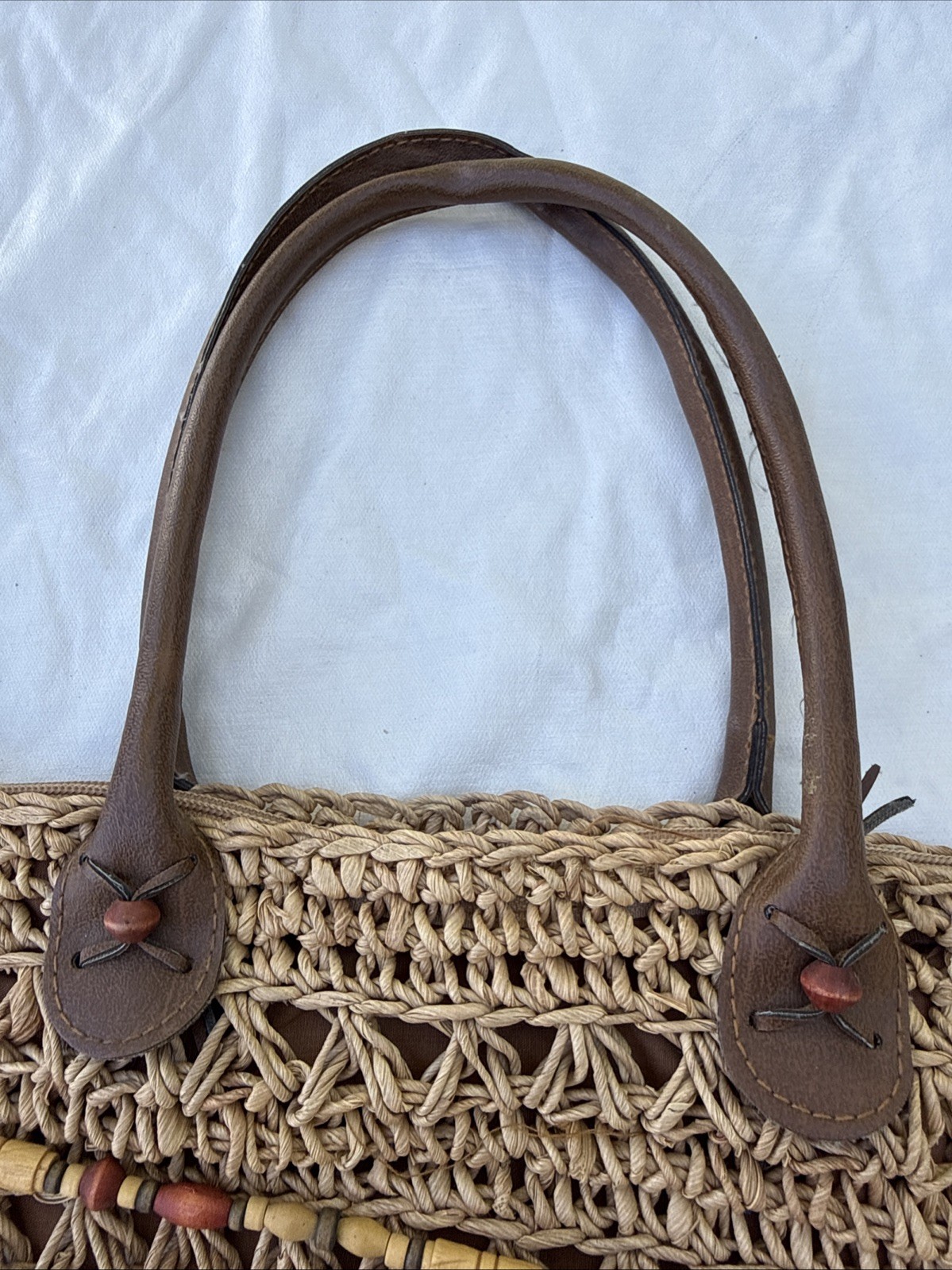 Boho Vintage Woven Bag Wooden Beads Faux Leather Handles Natural inside zipper