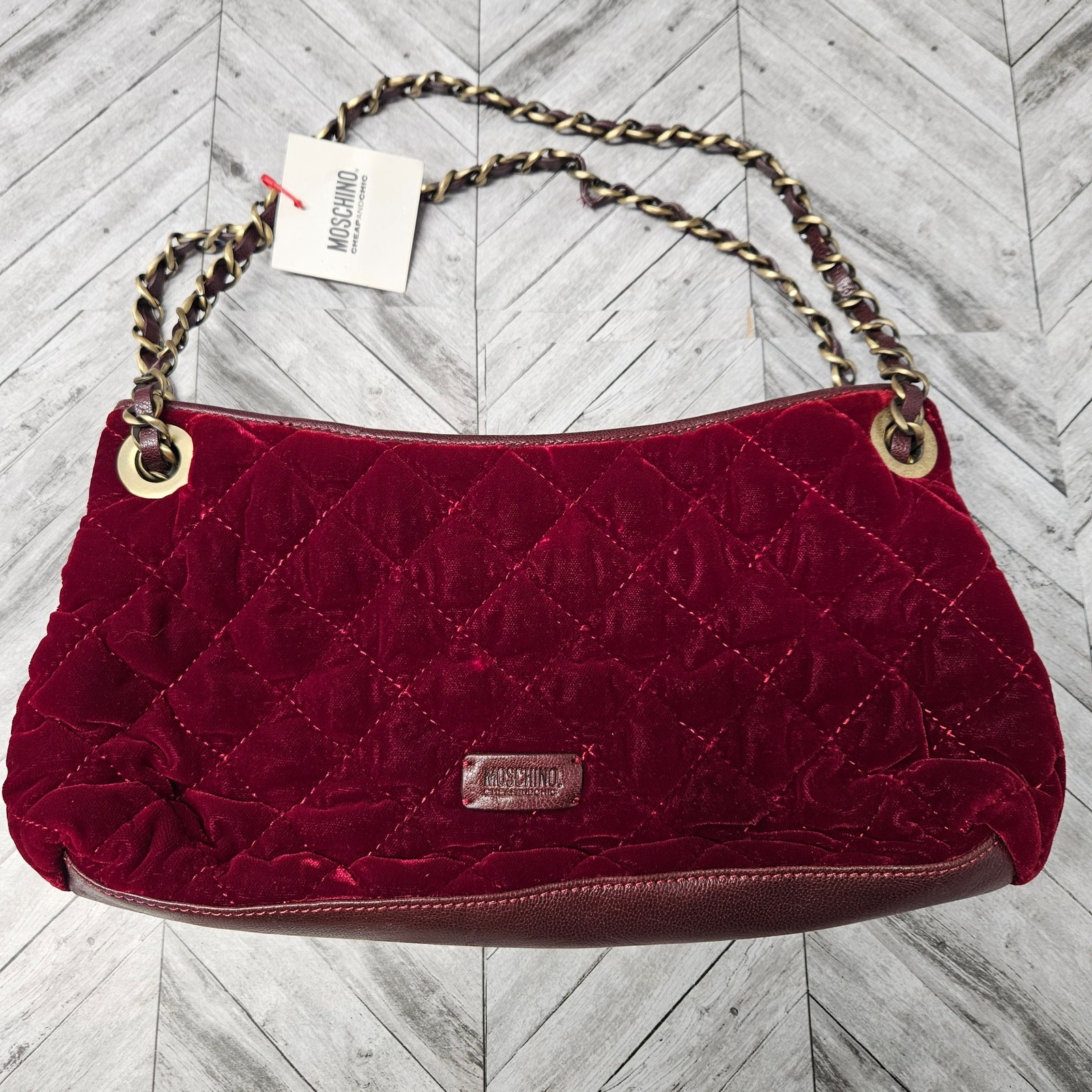 Vintage Moschino Velvet Shoulder Purse Red Hand Bag Quilt Made in Italy NOS Bow