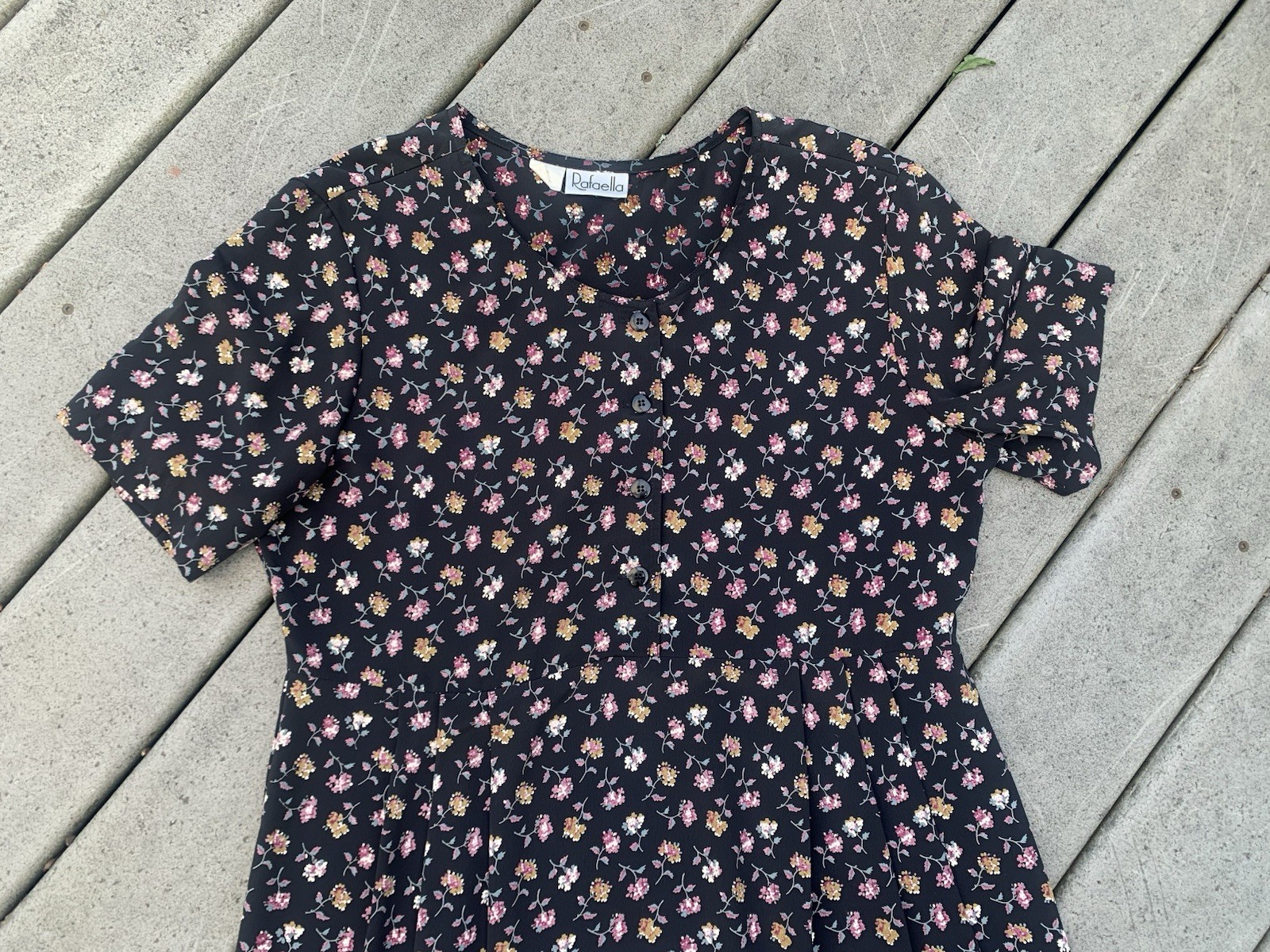 Vintage 90’s Black Floral Button Up MIDI Dress | Babydoll Maxi Dress w Waist Tie