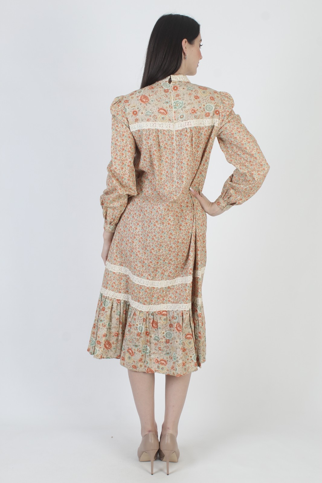 Vtg Autumnal Calico Prairie Dress Crochet Lace Cottage Peasant Country Midi