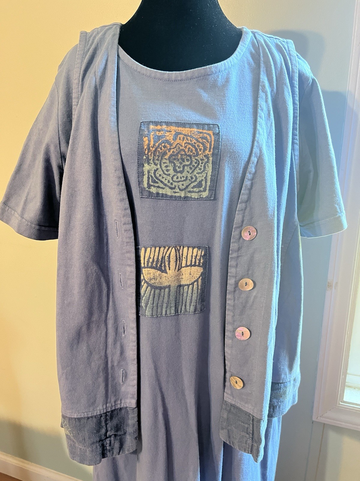 Vintage Blue Cactus Dress 90s Y2K 100% Cotton Linen Large Painted Graphic