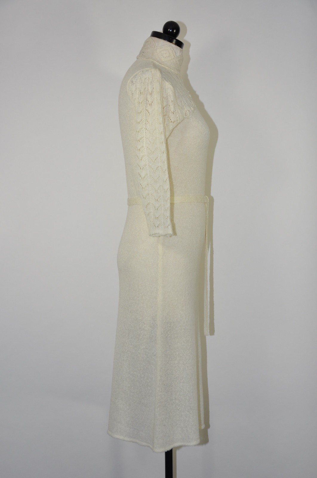 70s Vintage Cream Off White Pointelle Knit High Neck Pearl Sweater Dress Women M