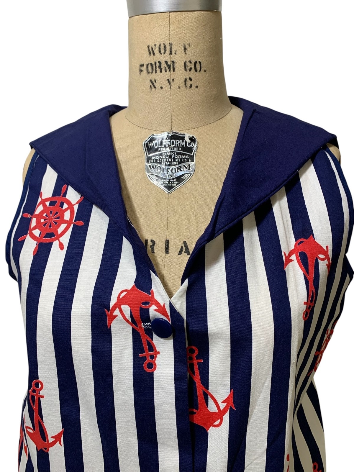 Vintage 60s/70s Women’s Nautical Print Striped Sailor Collar Shift Dress Sz M/L
