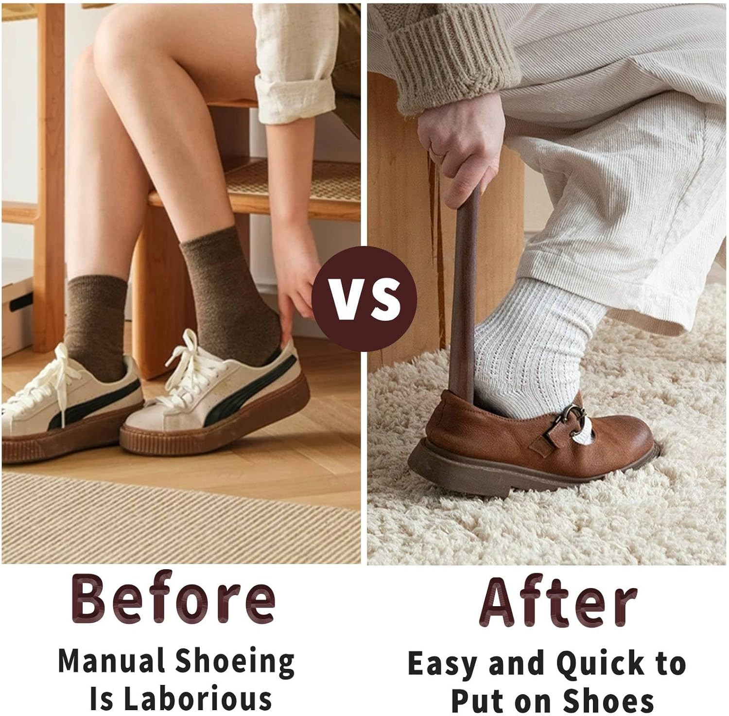 Long Handle Shoe Horn 12.5 Wooden Shoe Helper for Seniors Men Women