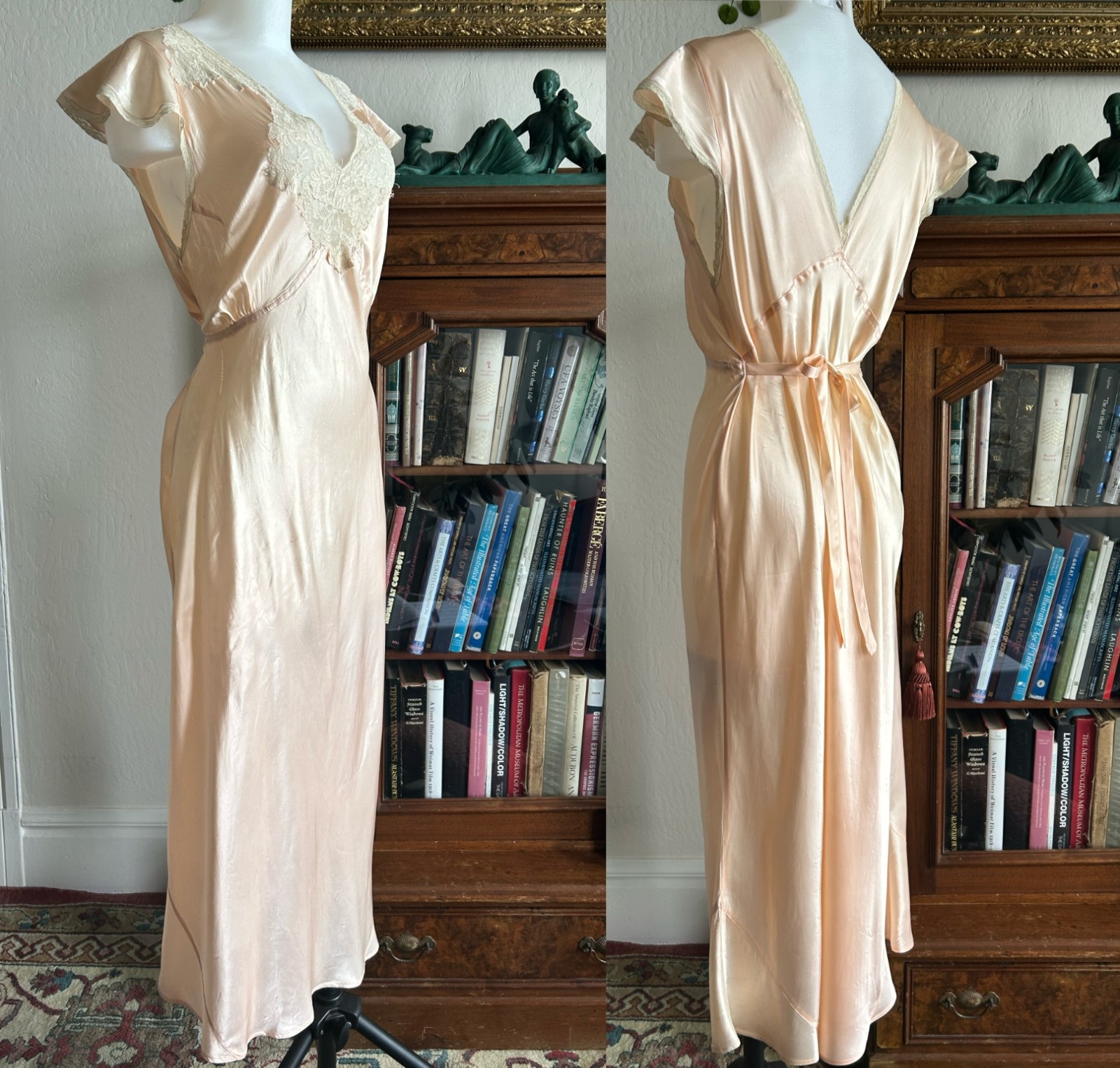 Vintage 1930s Bias Cut Pink Satin Slip Dress Lace Flutter Sleeve Nightgown S/M