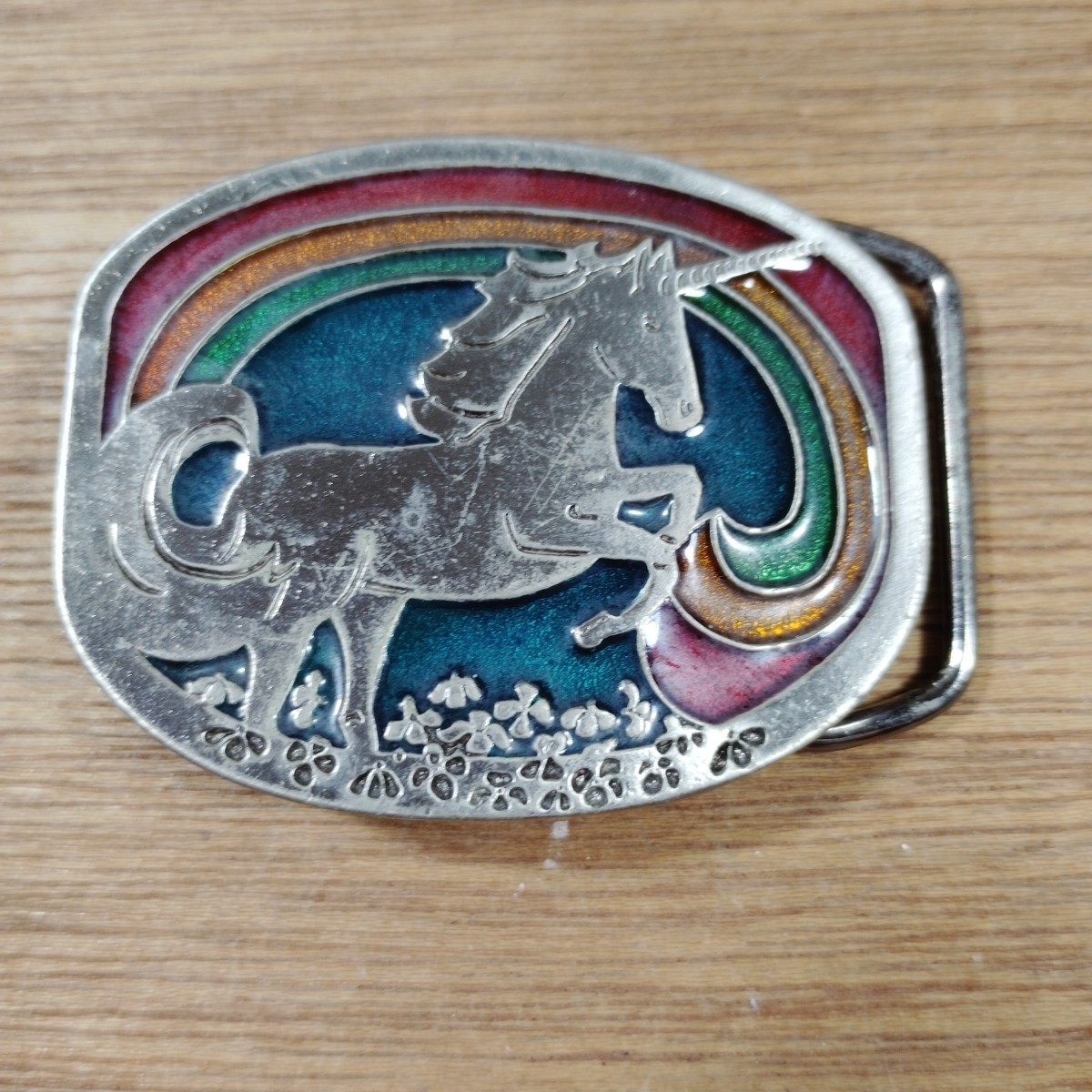 Vintage Unicorn Belt Buckle Rainbow Lucky Clovers Fantasy Magical Mystical