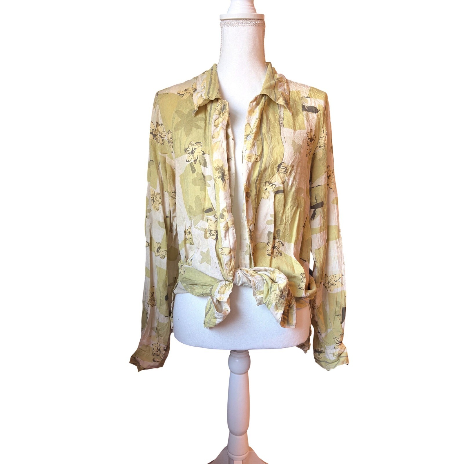 Vintage Silk Collection 100% Silk Floral Button Down Green Yellow Tropical