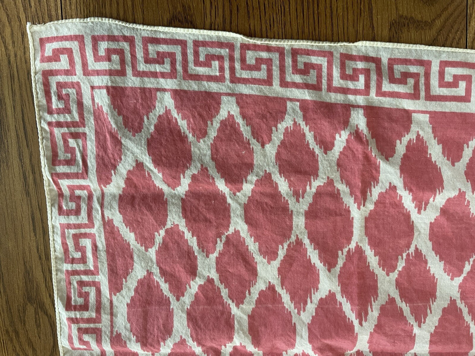 Vintage Coral Pink Cream Bandana Greek Key Diamond Print 19.5”x20.5”