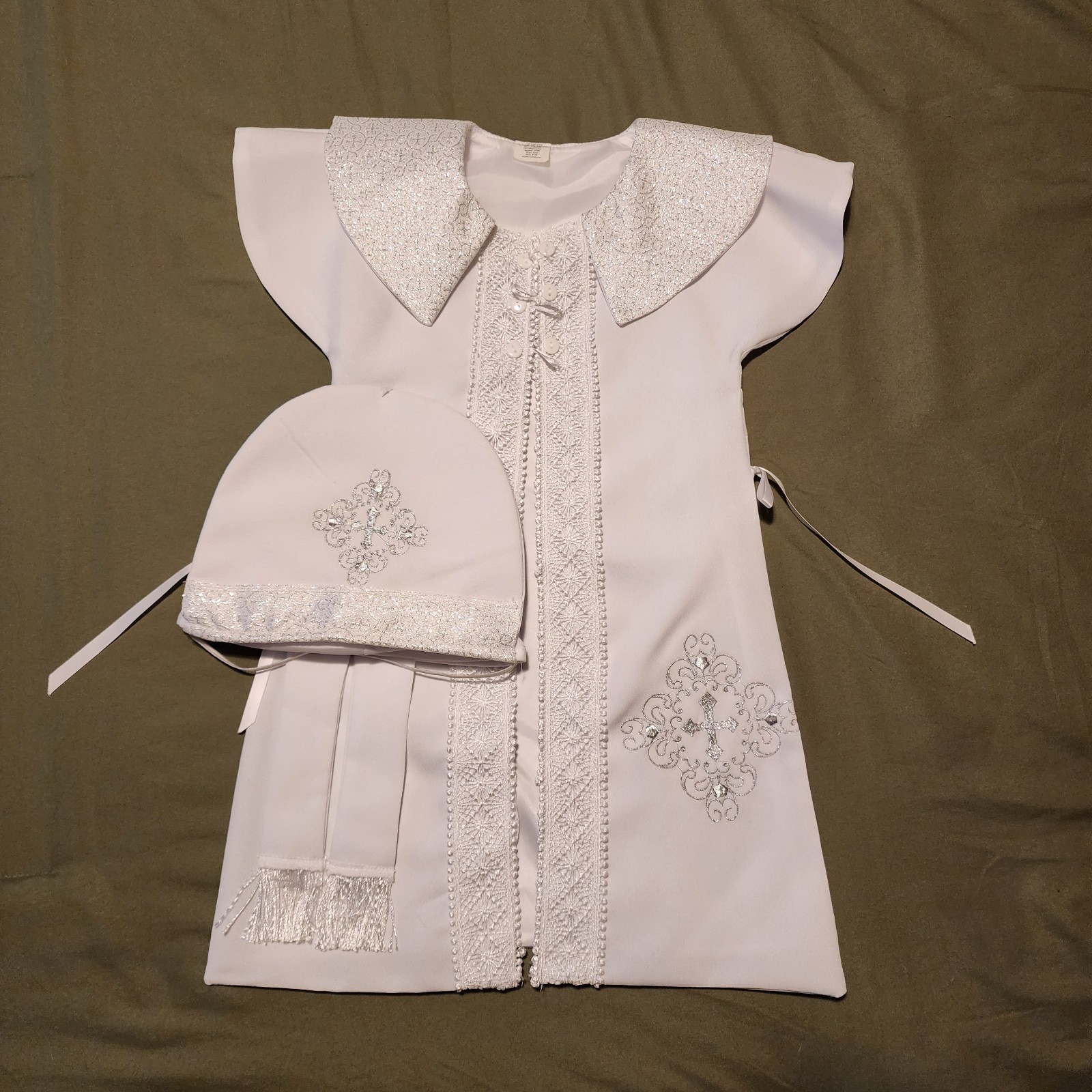 Tip Top Kids White Baptism Christening Gown Dress & Bonnet Set Size 12M Style…