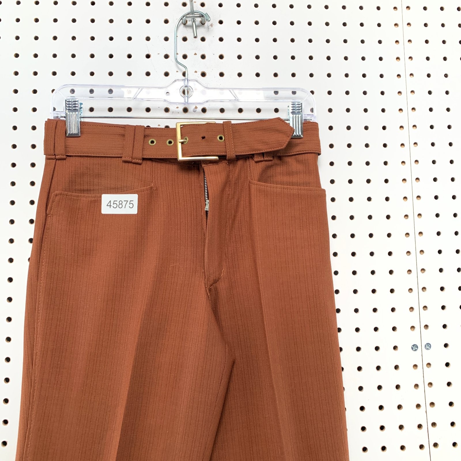 Vintage 70s Mens Mod Disco Pants 28×31 Brown Belted Flare Trousers Falcon Zip