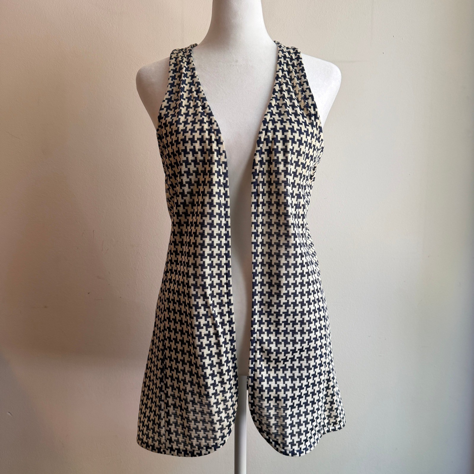 Vintage 70s ILGWU Houndstooth Longline Open Front Vest Navy Cream Size 6
