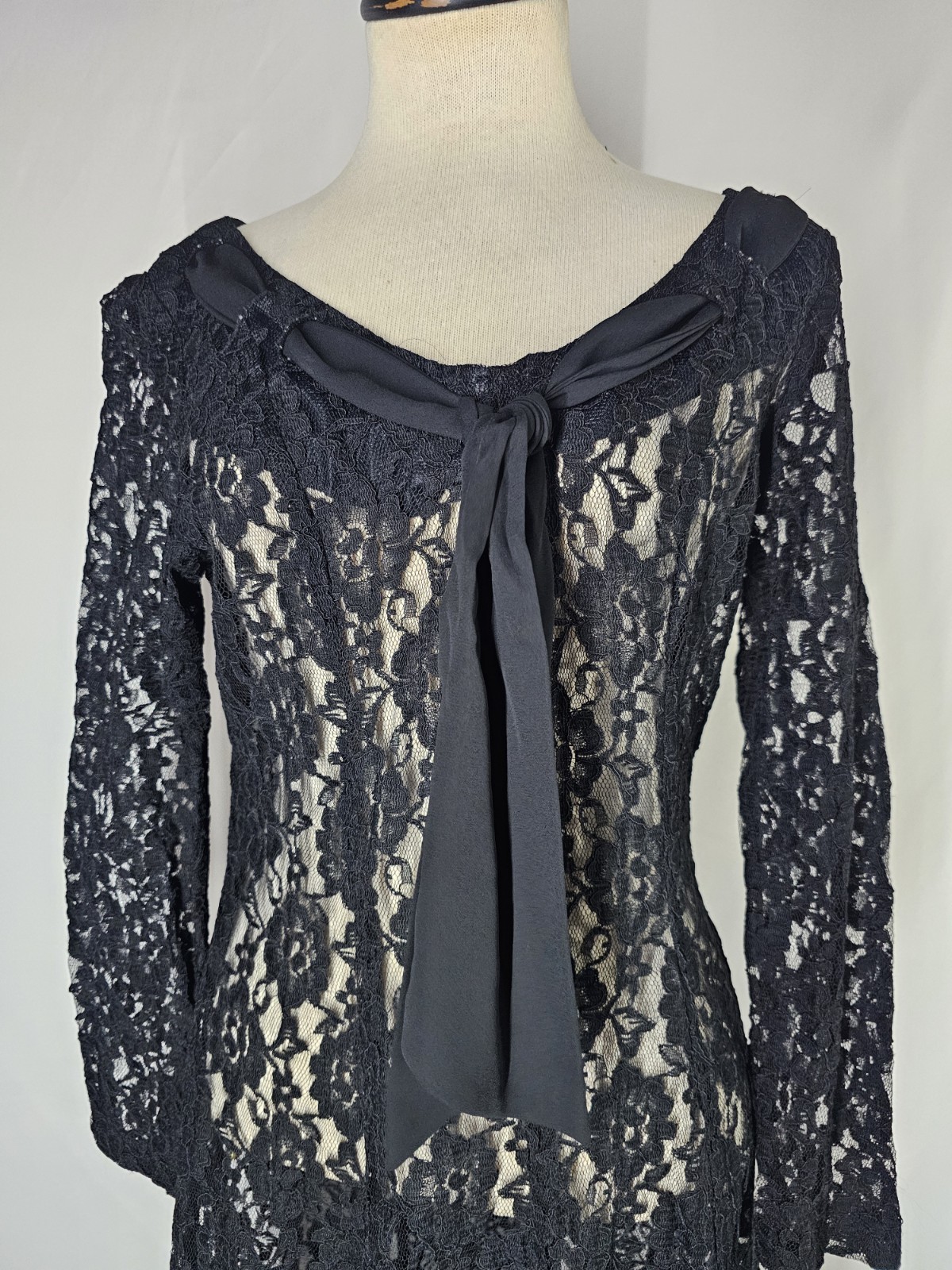Vintage Karin Stevens Black Lace Dress Nude Illusion Bow Long Sleeve Midi