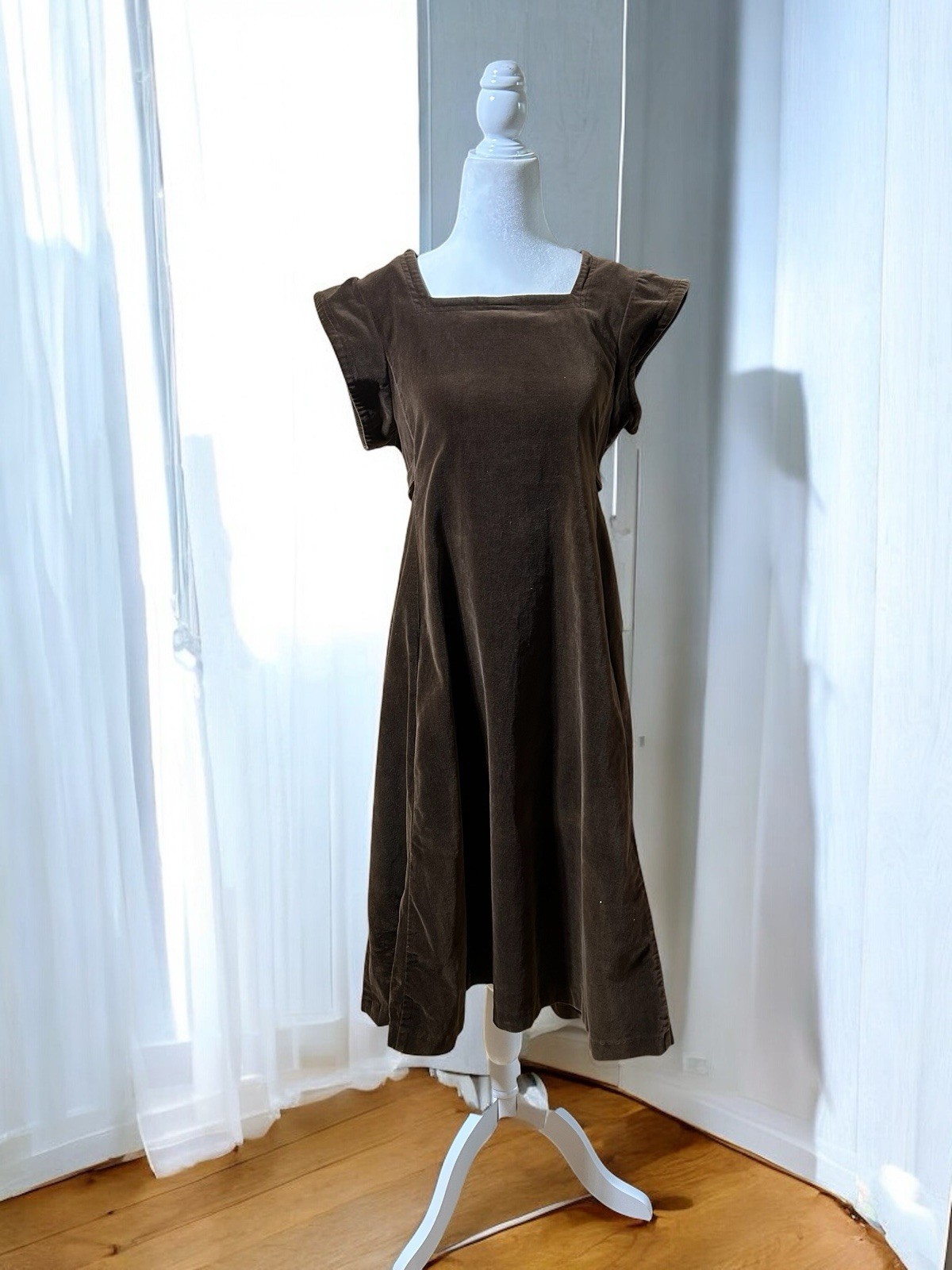 VTG 70s Over The Rainbow Brown Velveteen Pinafore Dress Academia Velvet M/L 32W